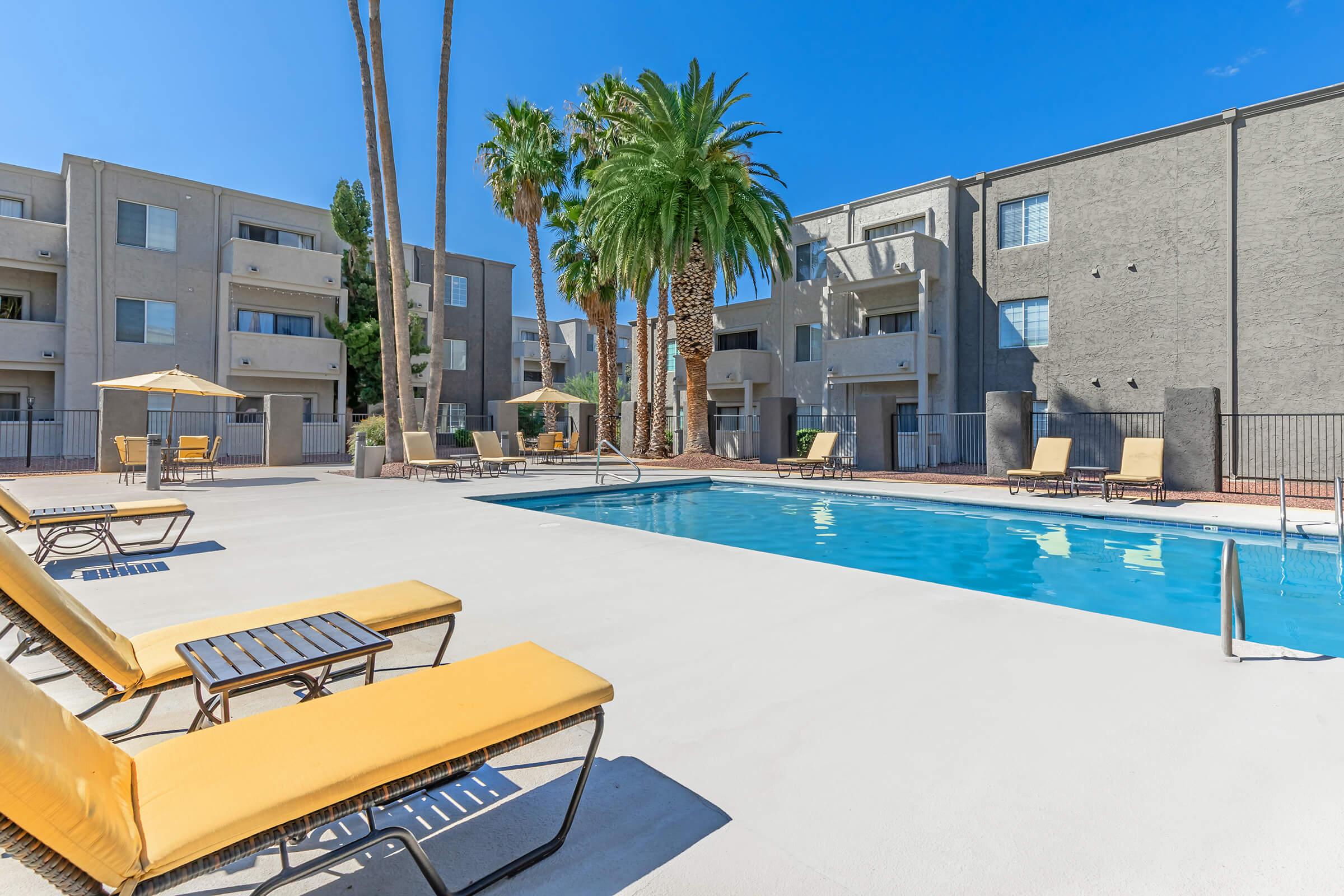 a pool in front of a building