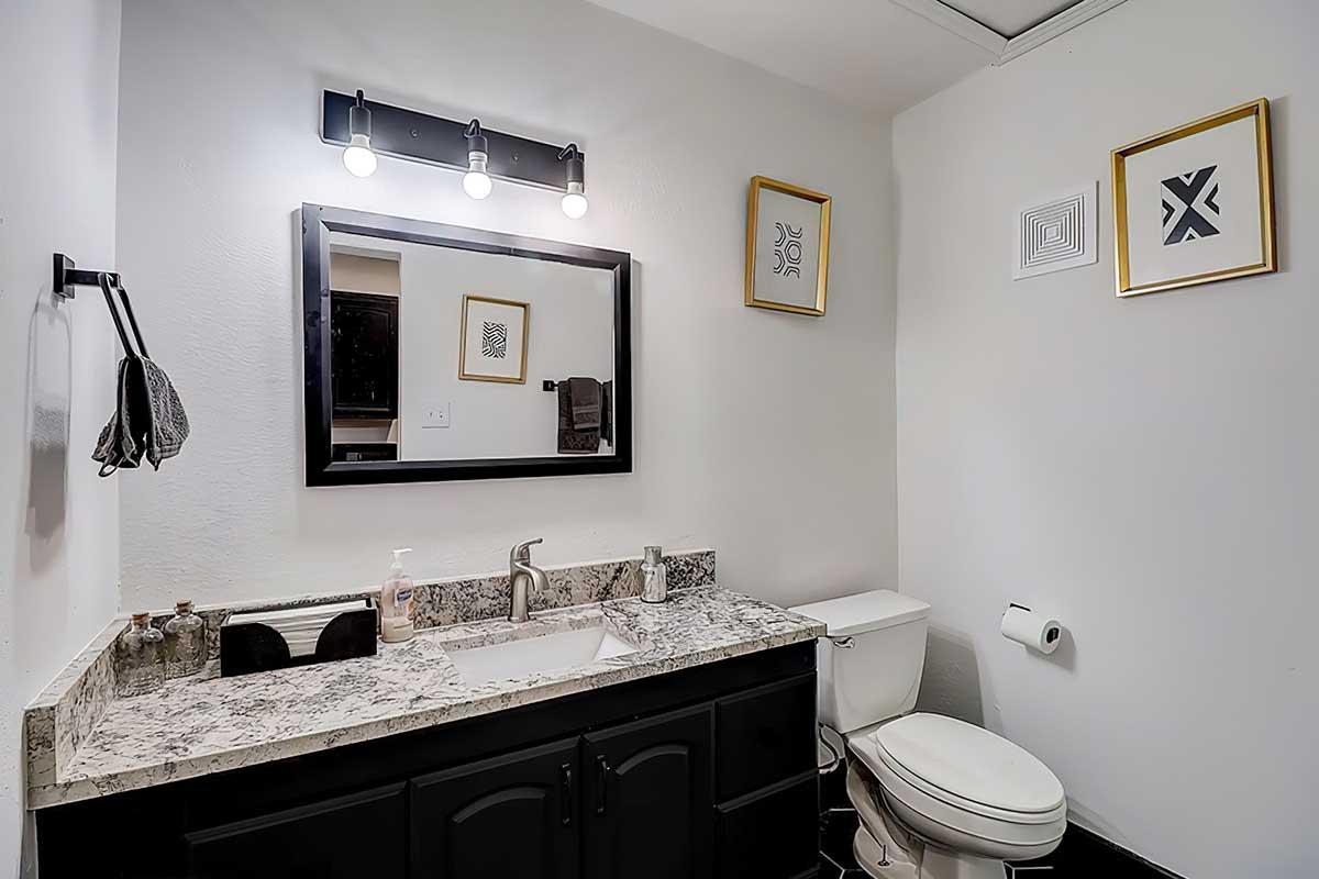 A modern bathroom featuring a double sink vanity with a granite countertop, a large mirror with lights above, a toilet, and decorative wall art in frames. The walls are painted white, and a towel is hanging on the side. The overall design is sleek and contemporary.