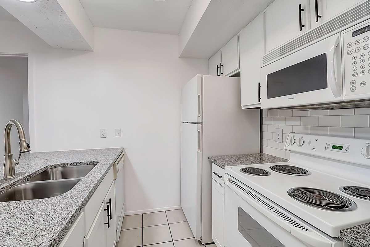 Modern kitchen featuring granite countertops, a double sink, a white refrigerator, and a stove with an oven. The cabinetry is minimalistic with black handles, and there's a microwave mounted above the stove. The walls are painted white, creating a bright and clean atmosphere.