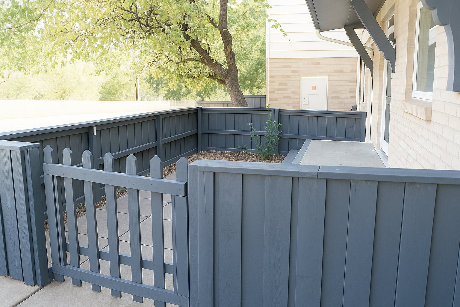 A blue wooden fence encloses a small patio area next to a house. The fenced area has minimal landscaping, featuring a small plant and mature trees nearby. The ground is paved with concrete, and sunlight illuminates the scene, creating a bright and inviting atmosphere.