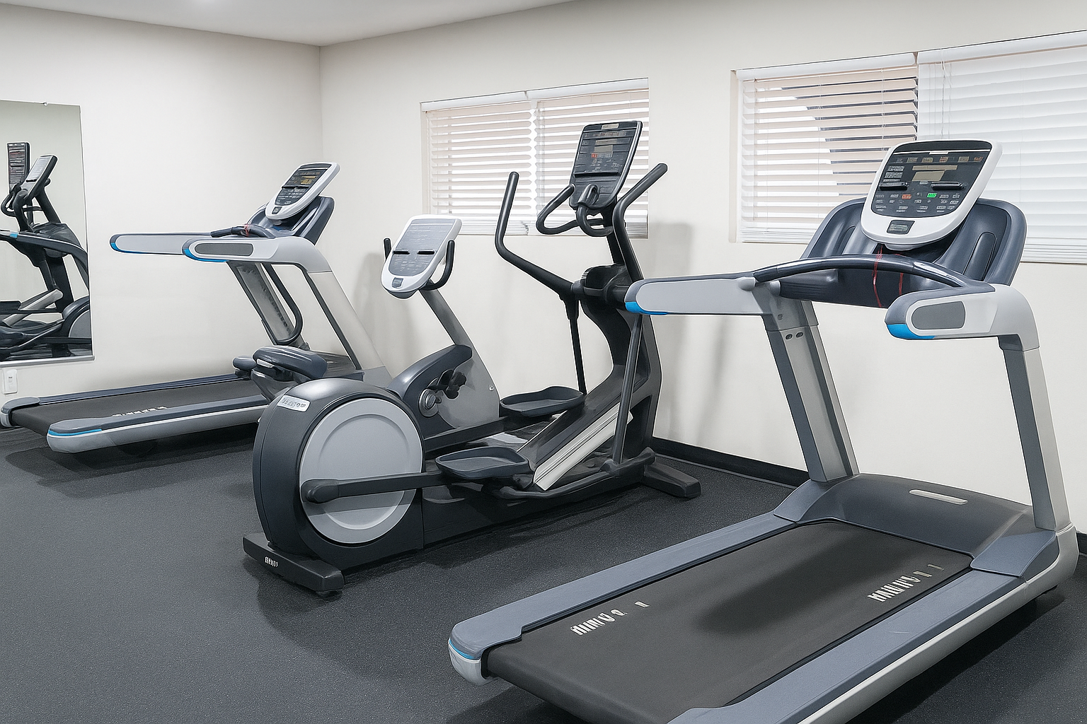 A fitness room featuring three exercise machines: two treadmills and an elliptical trainer. The space has a minimalist design with light-colored walls, hardwood flooring, and large windows with blinds, offering a bright and inviting workout environment. A mirror is visible on one wall.