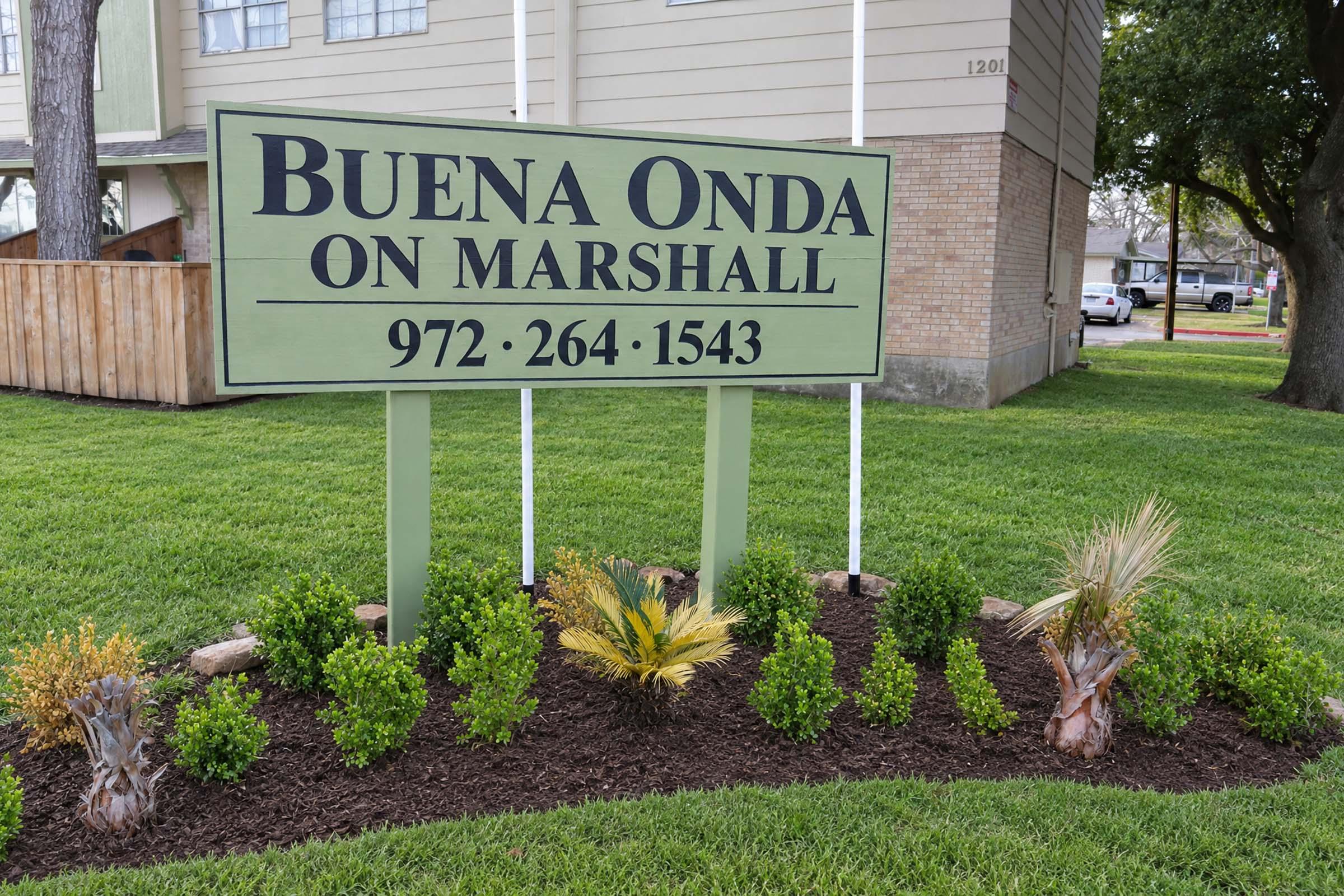 Sign for "Buena Onda on Marshall" with phone number 972-264-1543 displayed prominently. The sign is set in a landscaped area featuring greenery and decorative plants. In the background, there are buildings and a grassy lawn.