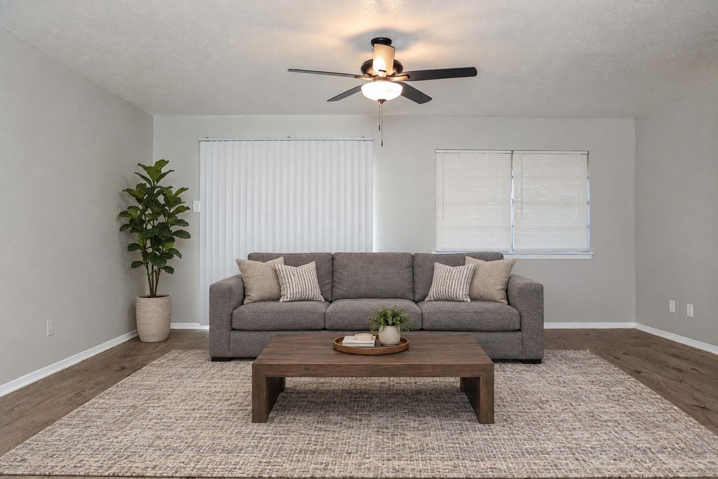 A cozy living room featuring a gray sofa with decorative pillows, a wooden coffee table, and a houseplant in a light-colored pot. The room has a ceiling fan, neutral-colored walls, and natural light from windows with blinds. A woven area rug adds texture to the floor.