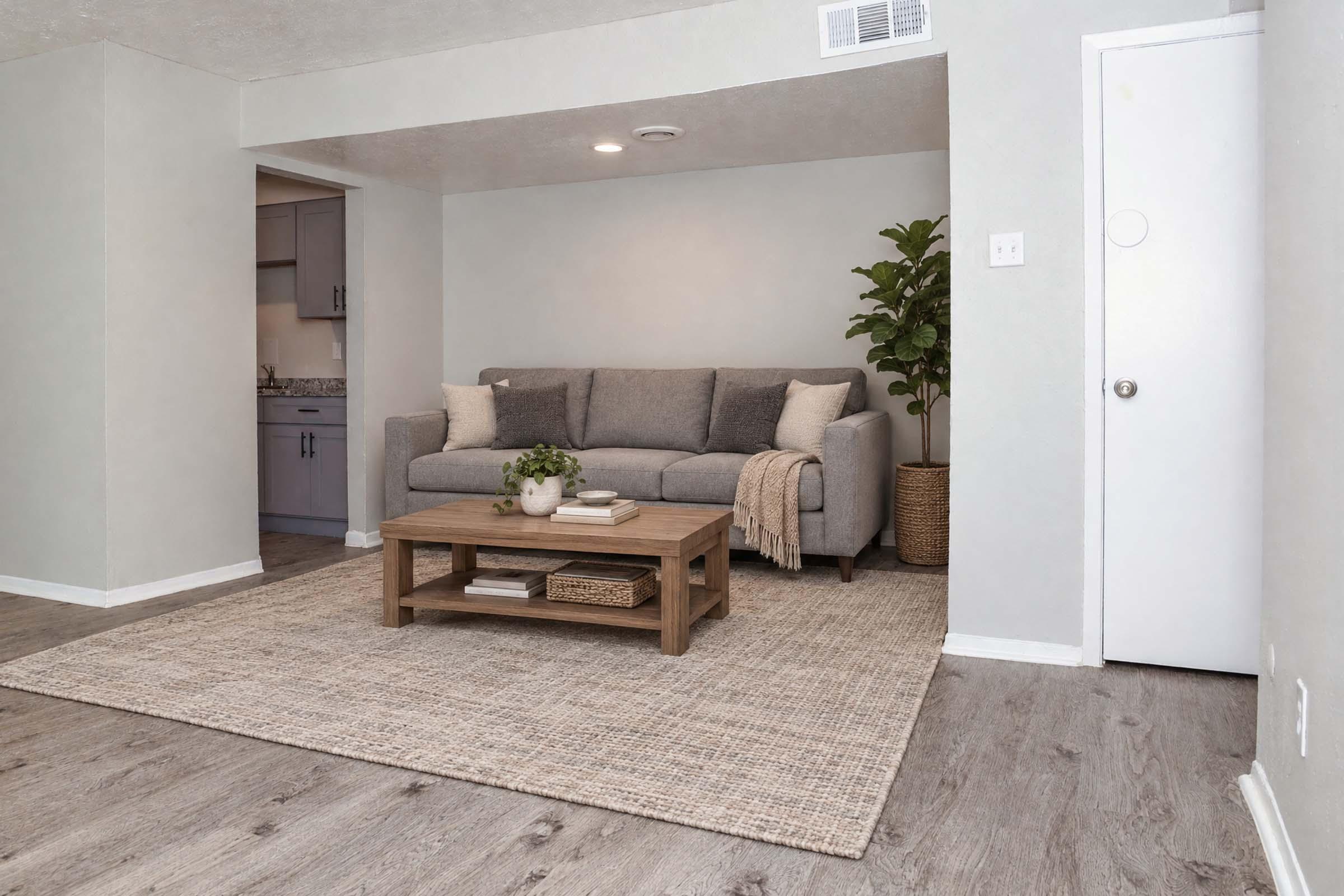 A cozy living space featuring a gray sofa with cushions, a wooden coffee table holding a plant and books, and a textured area rug. There is a green potted plant in the corner, light gray walls, and a door on the right. The kitchen area is visible in the background with cabinets and appliances.
