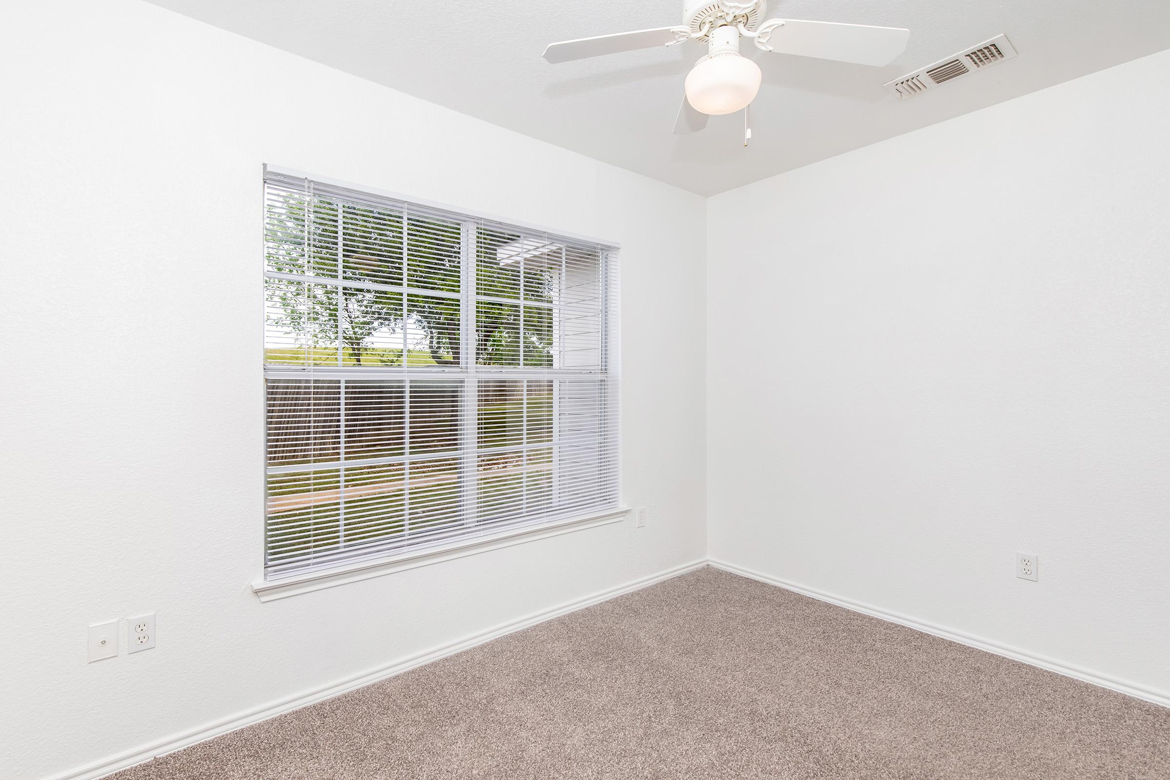 A clean, empty room featuring light-colored walls and plush carpeting. A large window with blinds allows natural light to fill the space, complemented by a ceiling fan. The room has a simple, modern design, ideal for various uses.