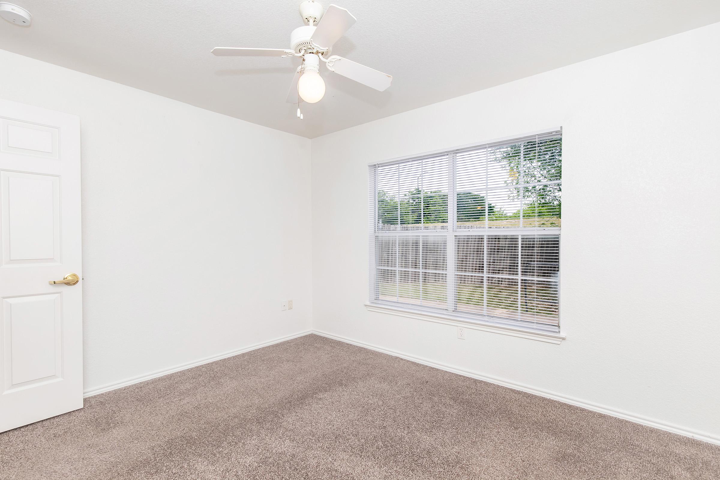 A clean, empty room with light-colored walls and a plush carpet. A ceiling fan is visible, and there is a large window with blinds allowing natural light to enter. The room features a white door and has a simple, uncluttered appearance, perfect for personal decoration.
