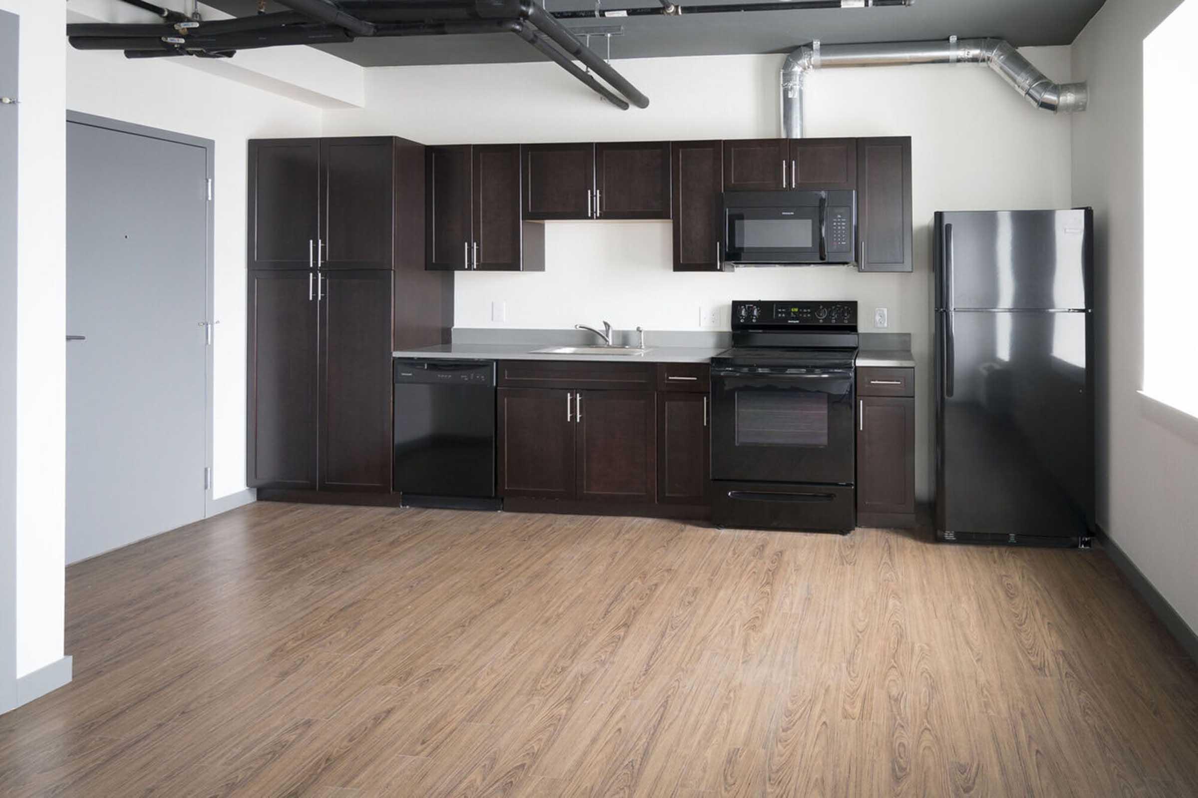 Modern kitchen in an apartment featuring dark wood cabinets, a black stove, microwave, refrigerator, and dishwasher, with a large window providing natural light. The floor is light-colored hardwood, and the walls are painted in neutral tones.