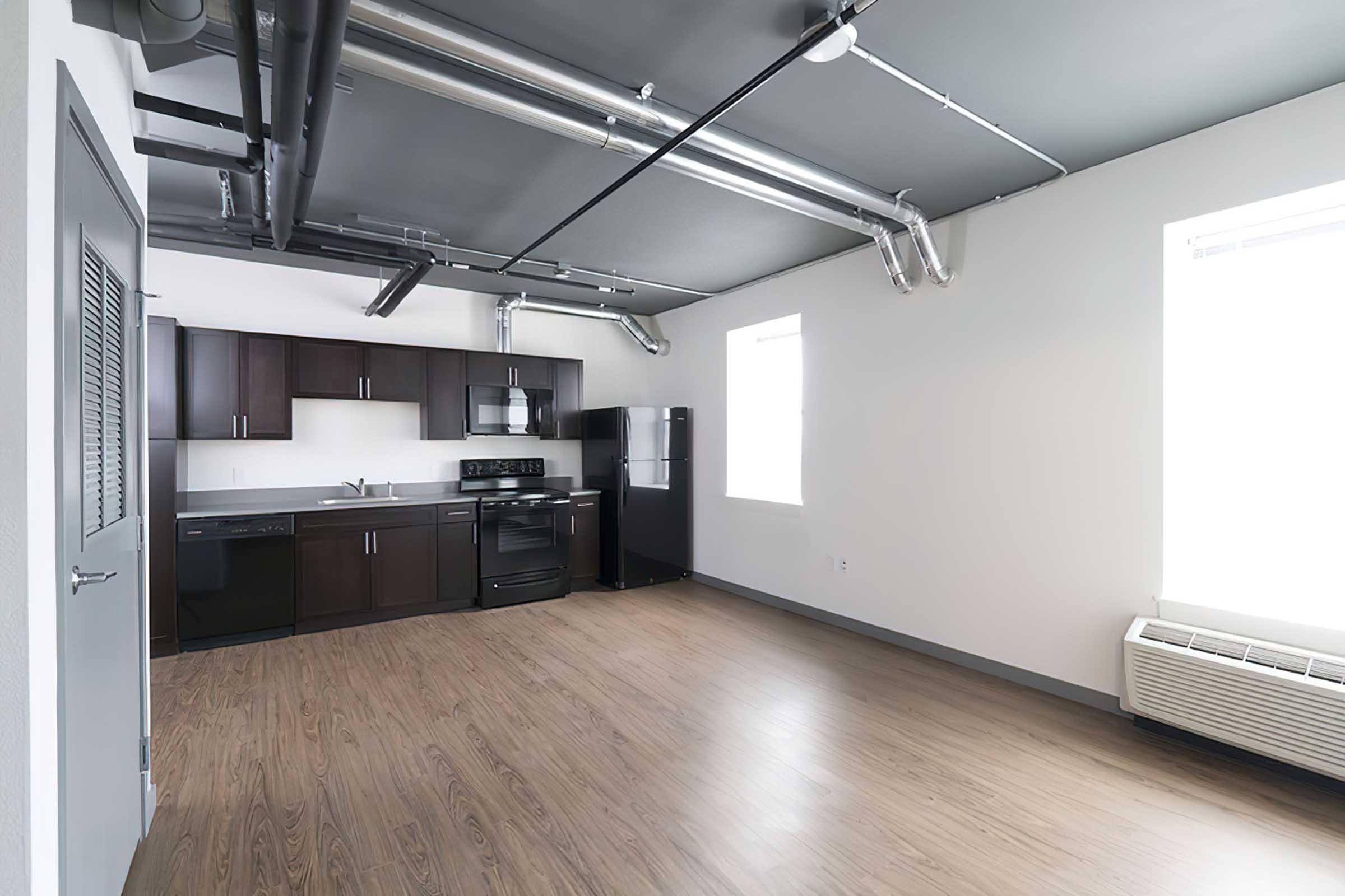 Modern kitchen and living space with dark cabinetry, stainless steel appliances, and hardwood flooring. The walls are painted light, and there are large windows allowing natural light. Exposed ductwork is visible on the ceiling, adding an industrial touch to the design.