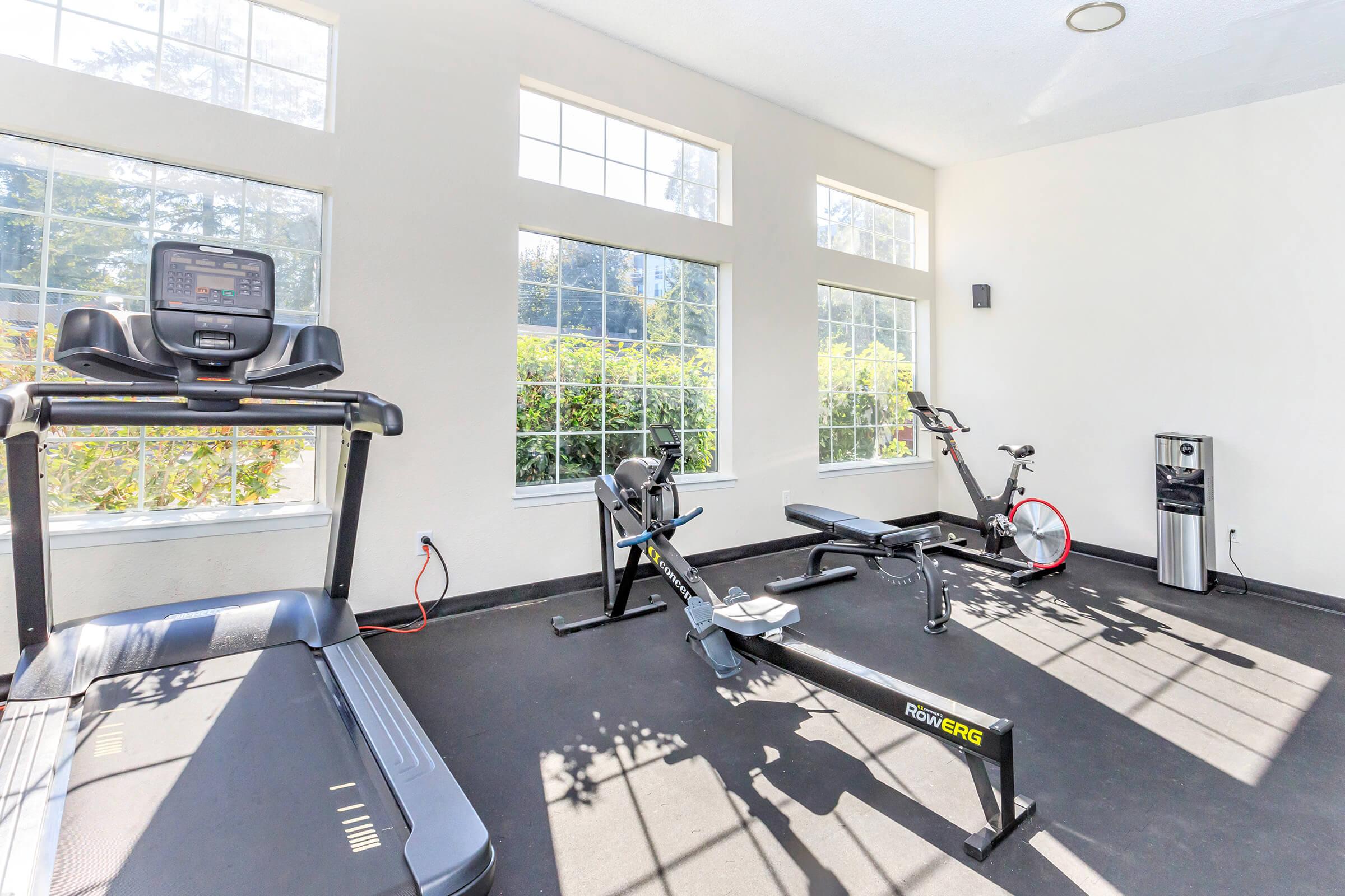 A bright and airy gym space featuring a treadmill, a rowing machine, a stationary bike, and a weight bench. Large windows allow natural light to fill the room, with greenery visible outside, creating a motivating workout environment.