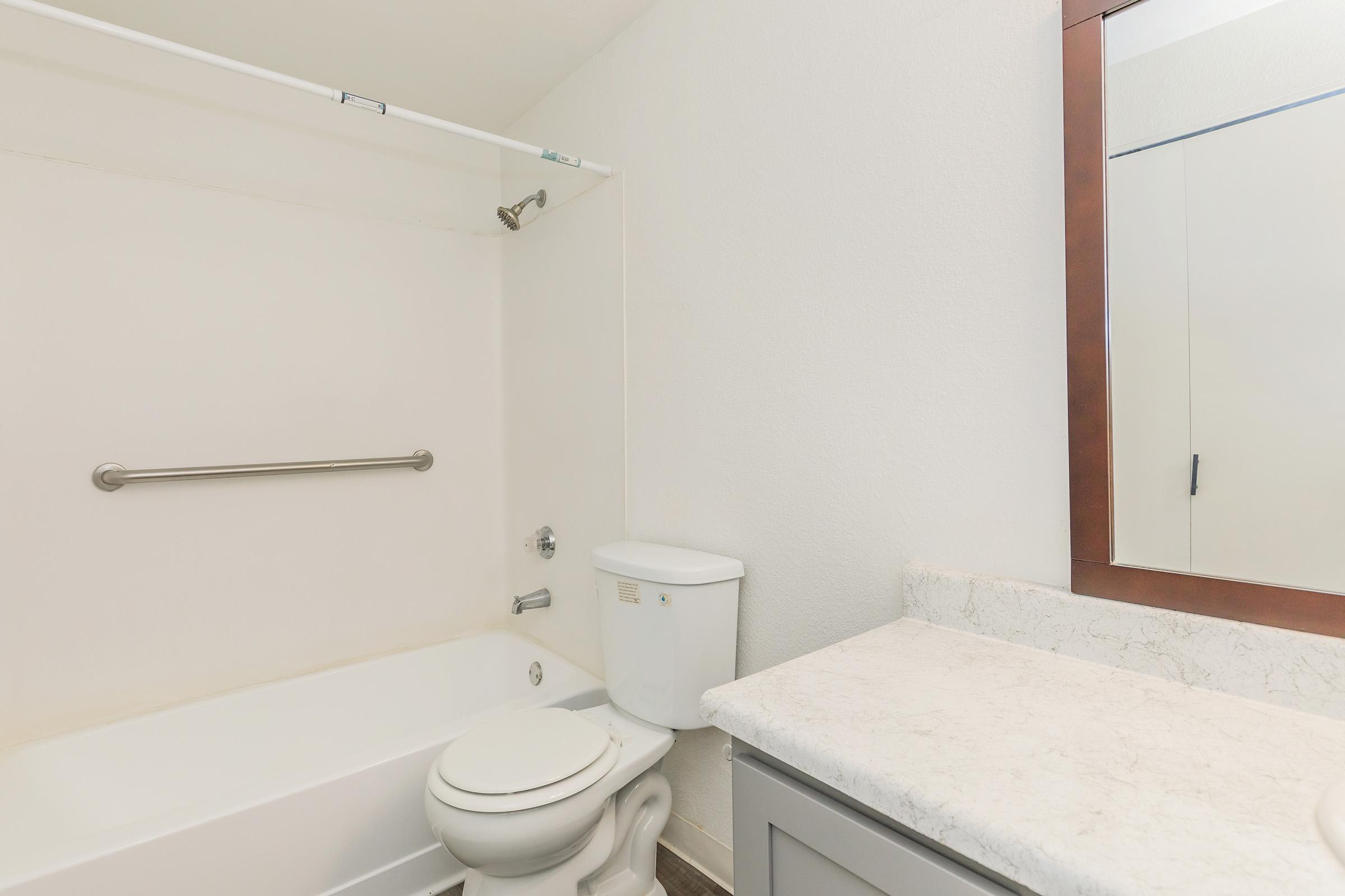 A clean and minimalist bathroom featuring a bathtub with a shower rod, a toilet, a marble countertop, and a mirror. The walls are painted white, and the overall design emphasizes simplicity and functionality.