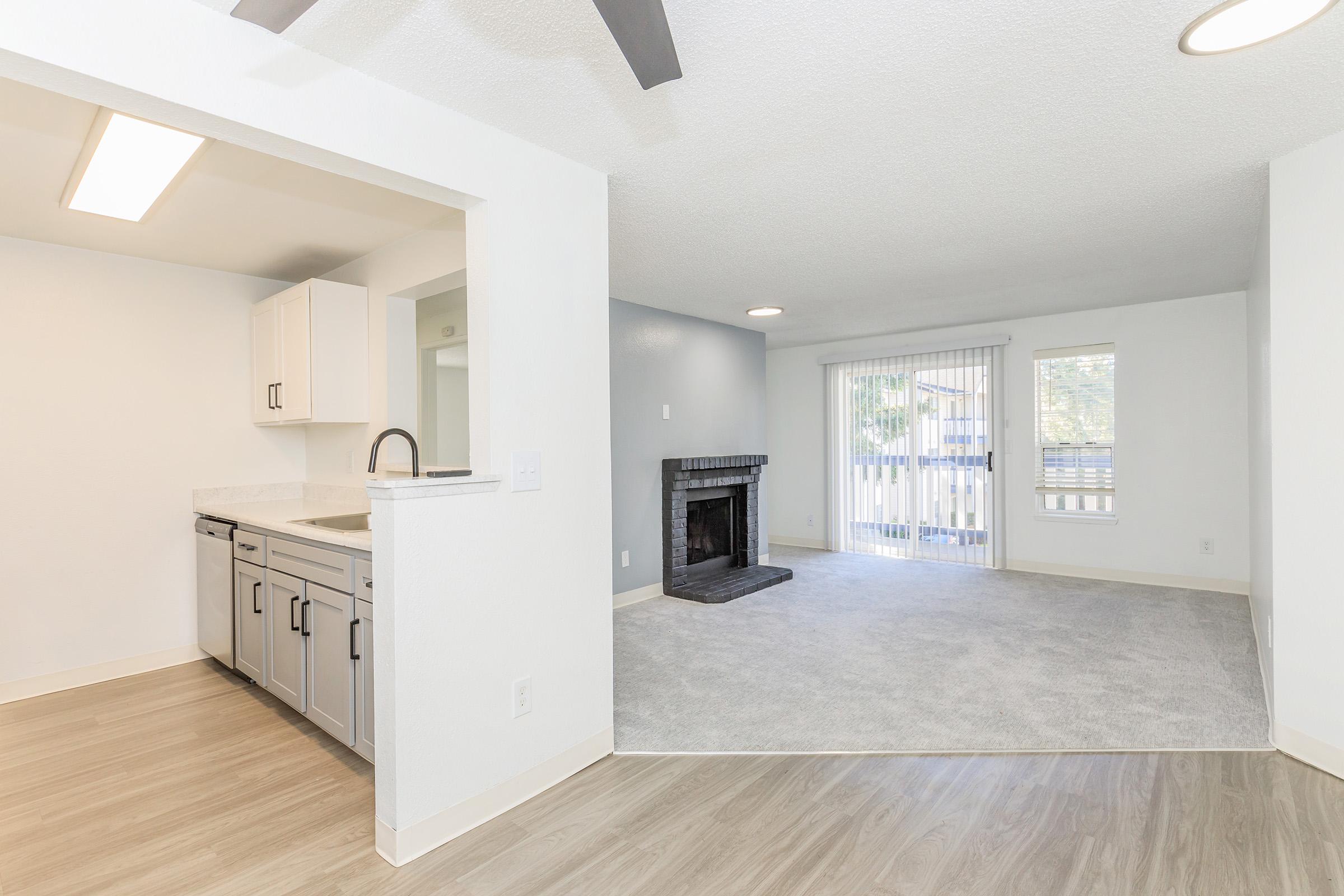 A spacious living area featuring a carpeted lounge with sliding glass doors to a balcony, adjacent to a modern kitchen with white cabinetry and a sleek countertop. There is a fireplace in the living space, and natural light fills the room from multiple windows.