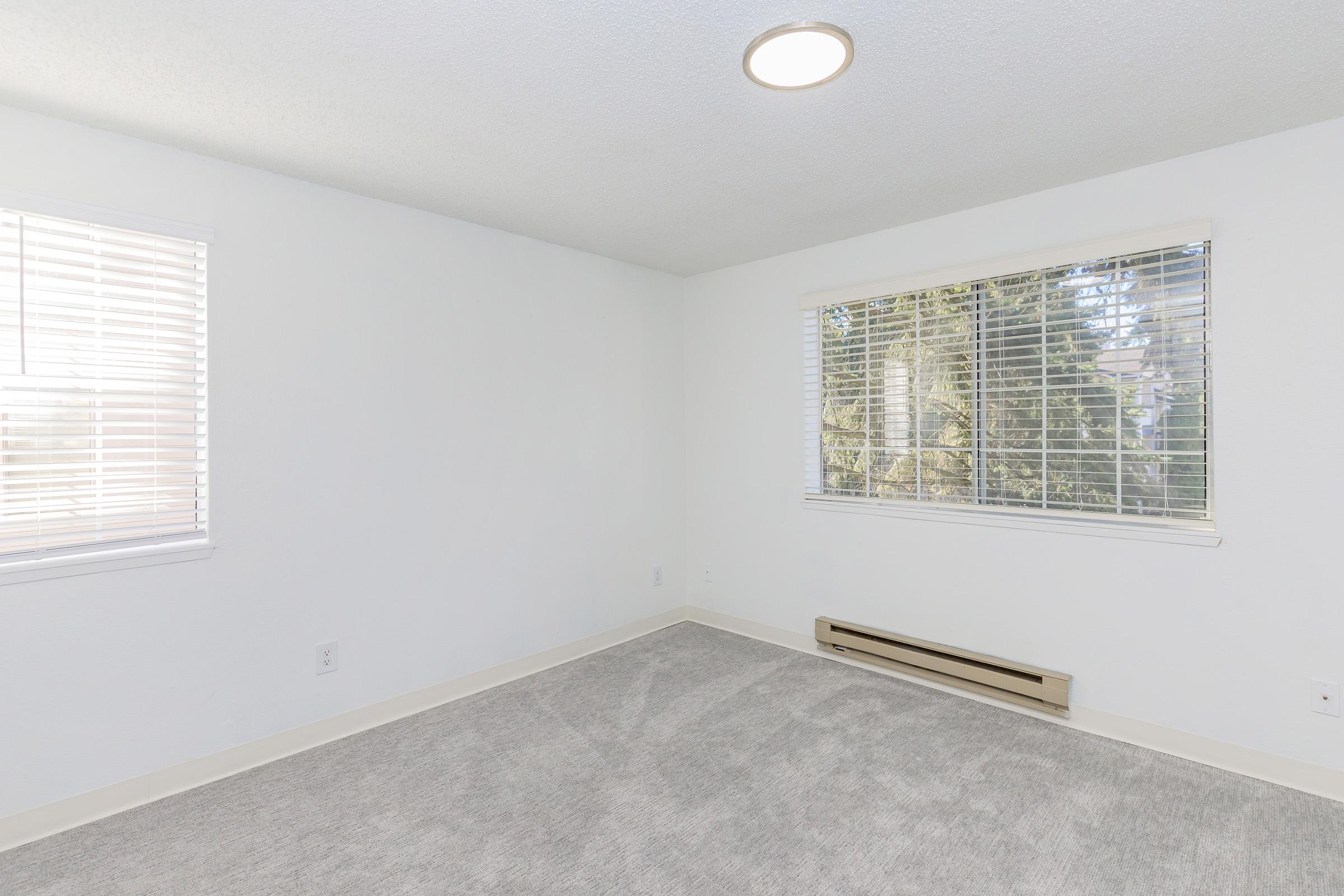 Empty room with light-colored carpet and white walls. There is a large window with white blinds allowing natural light, and a ceiling light fixture. A baseboard heater is visible along one wall. The space is bright and uncluttered, creating a simple, fresh atmosphere.
