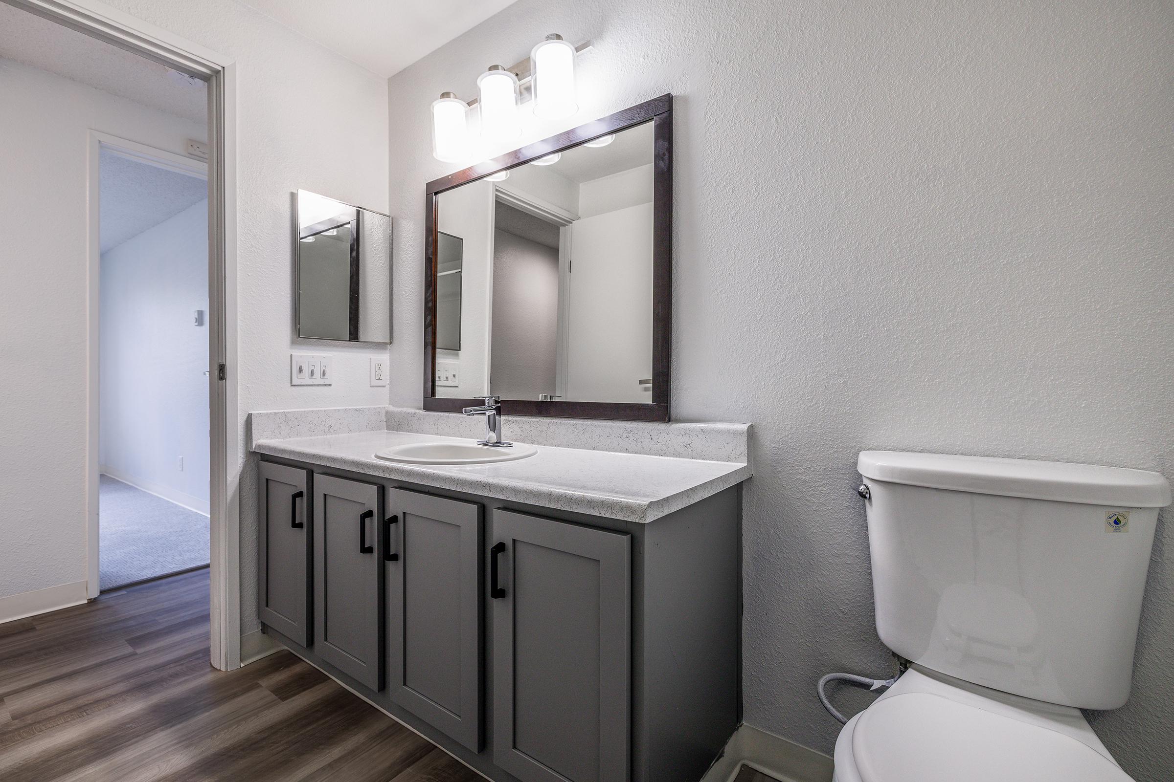 A modern bathroom featuring a gray cabinet with a white sink, a large mirror above the sink, and three light fixtures. There is a toilet to the right, and the floor is a wood-look laminate. The walls are painted in a light color, and a doorway leads to another room in the background.