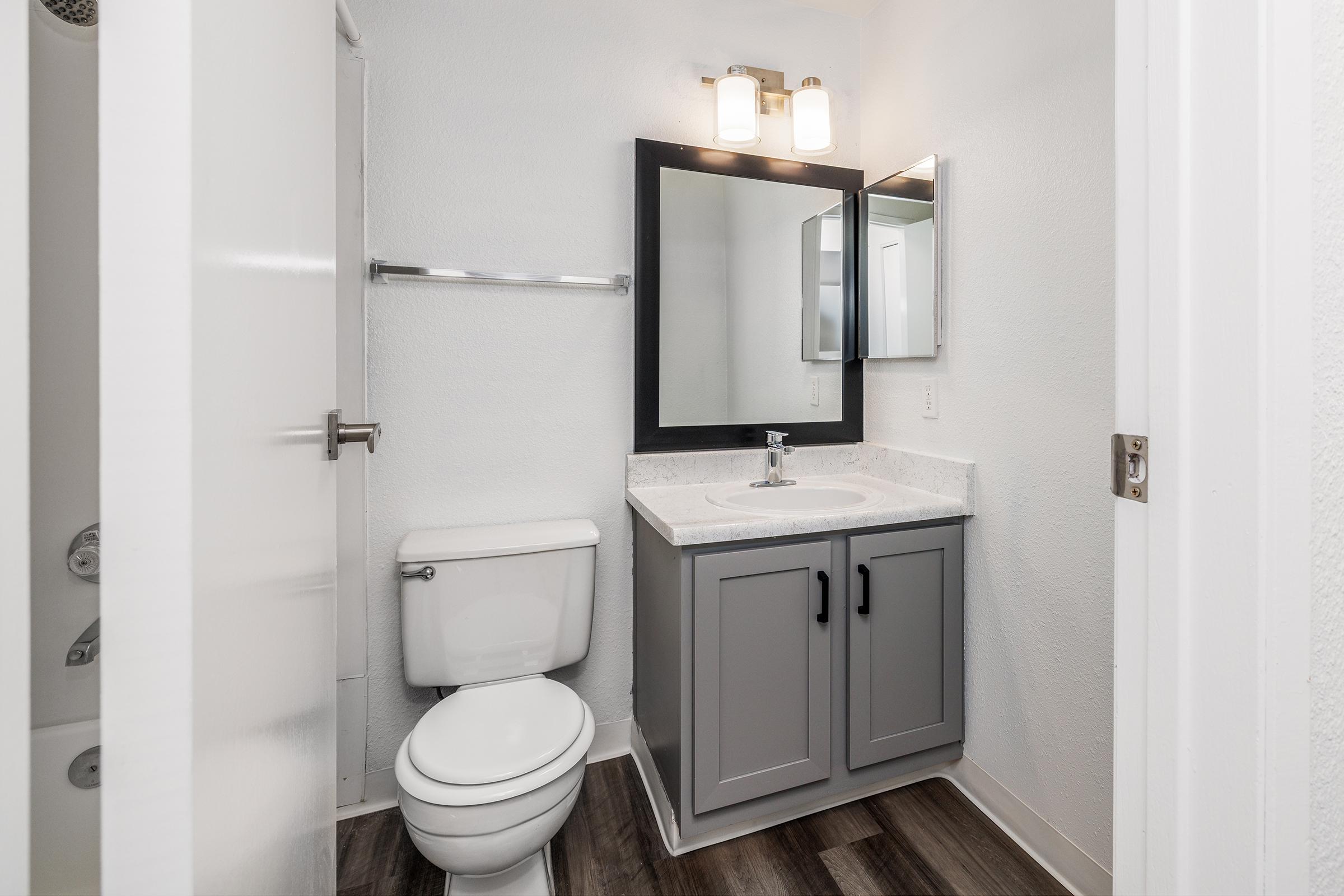 A clean and modern bathroom featuring a gray cabinet sink with a countertop, a mirror with lighting above, a white toilet, and a towel rack. The walls are painted white, and the flooring is a dark, wood-like material, creating a contemporary and inviting atmosphere.