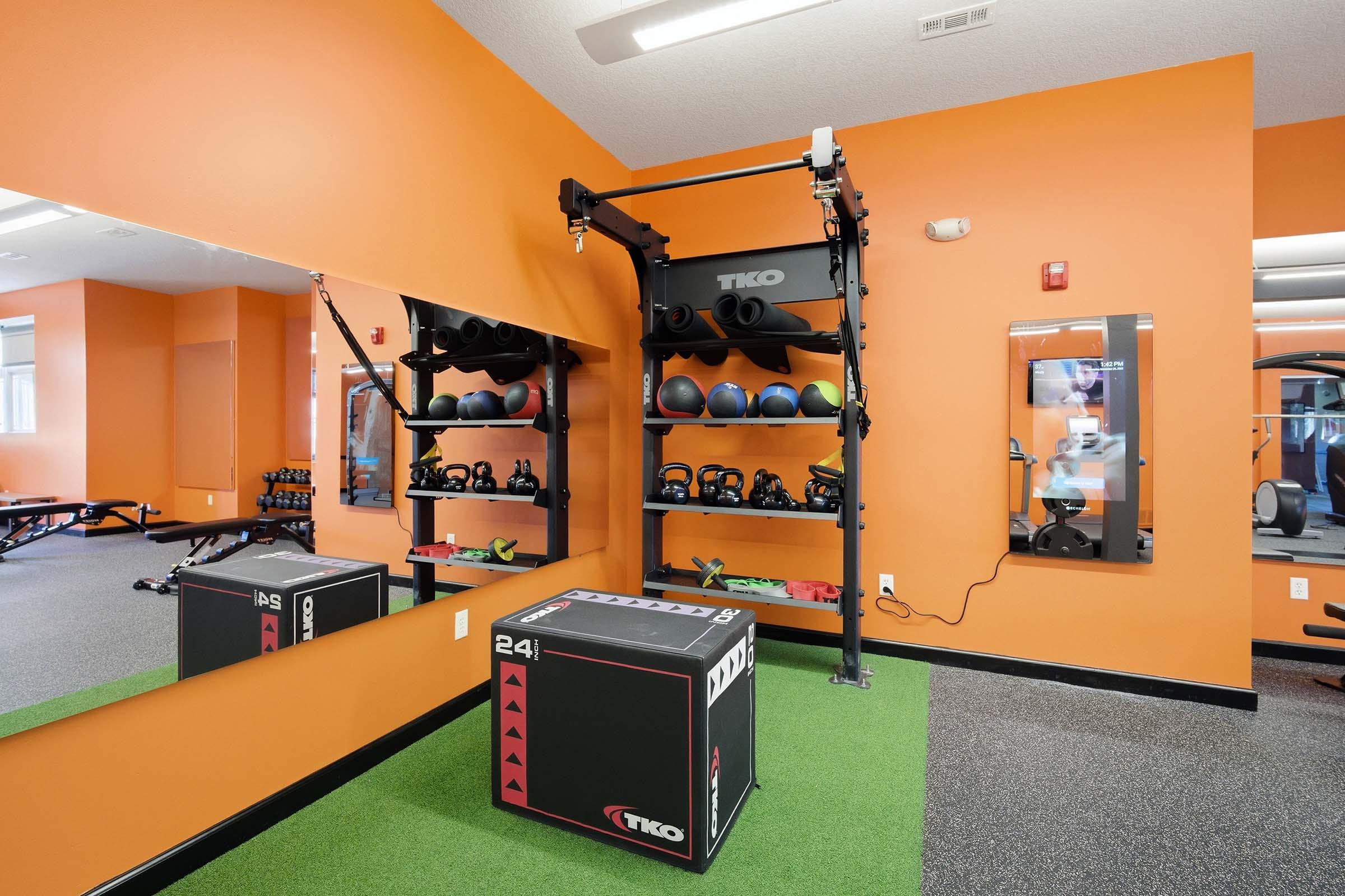 A gym workout area featuring an orange wall, a squat rack with weights, medicine balls on shelves, a large exercise box, and mirrors. The flooring is green turf, creating a vibrant and functional space for fitness activities.