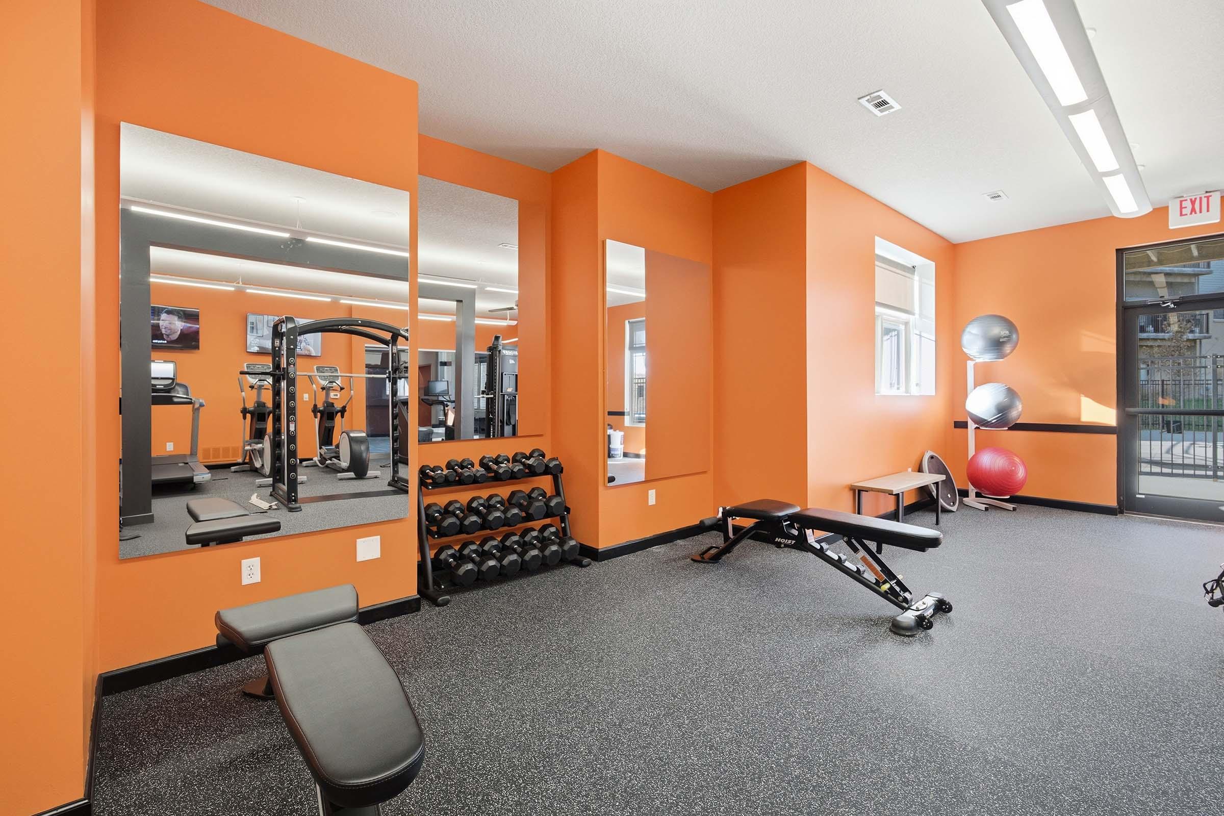 A modern gym interior with orange walls, featuring a variety of exercise equipment. A weight bench and dumbbell rack are visible, along with mirrors and fitness balls. The space is well-lit and has a clean, organized appearance, promoting a motivating workout environment.