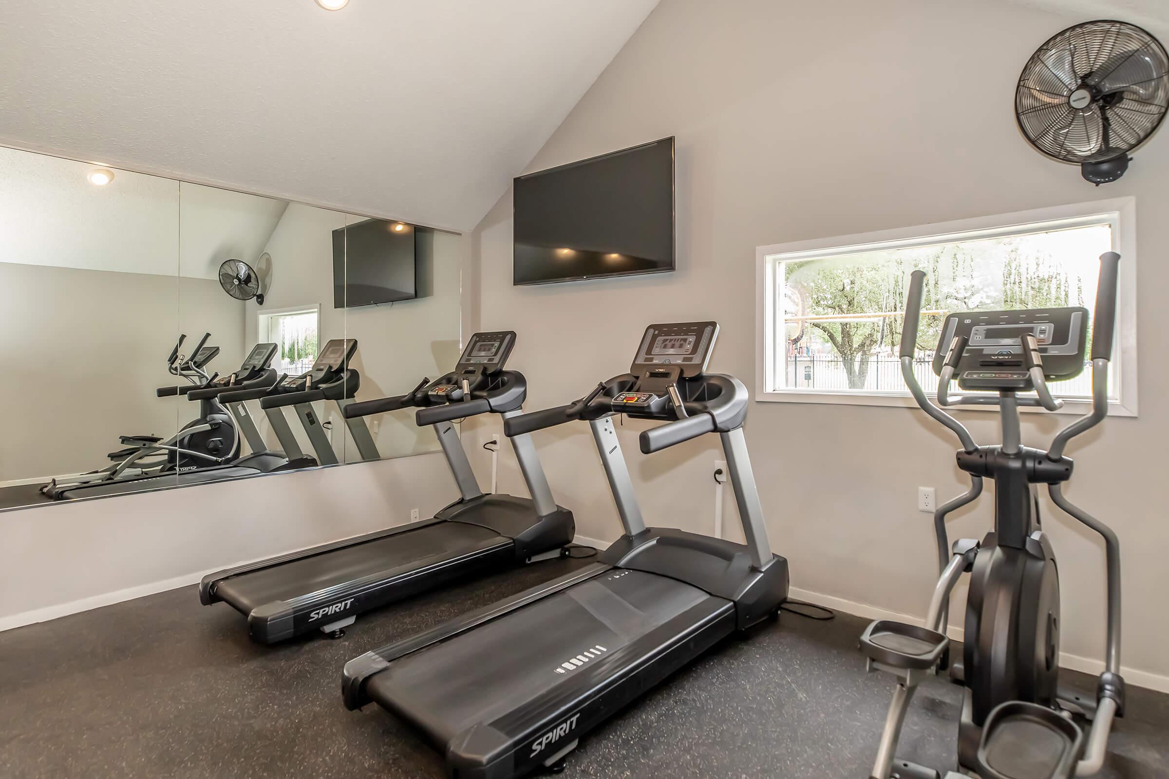 A modern gym interior featuring three exercise machines: two treadmills and an elliptical. There's a large mirror on the wall, a TV mounted nearby, and a window allowing natural light to enter the space. The floor is covered with dark rubber matting, enhancing the fitness environment.