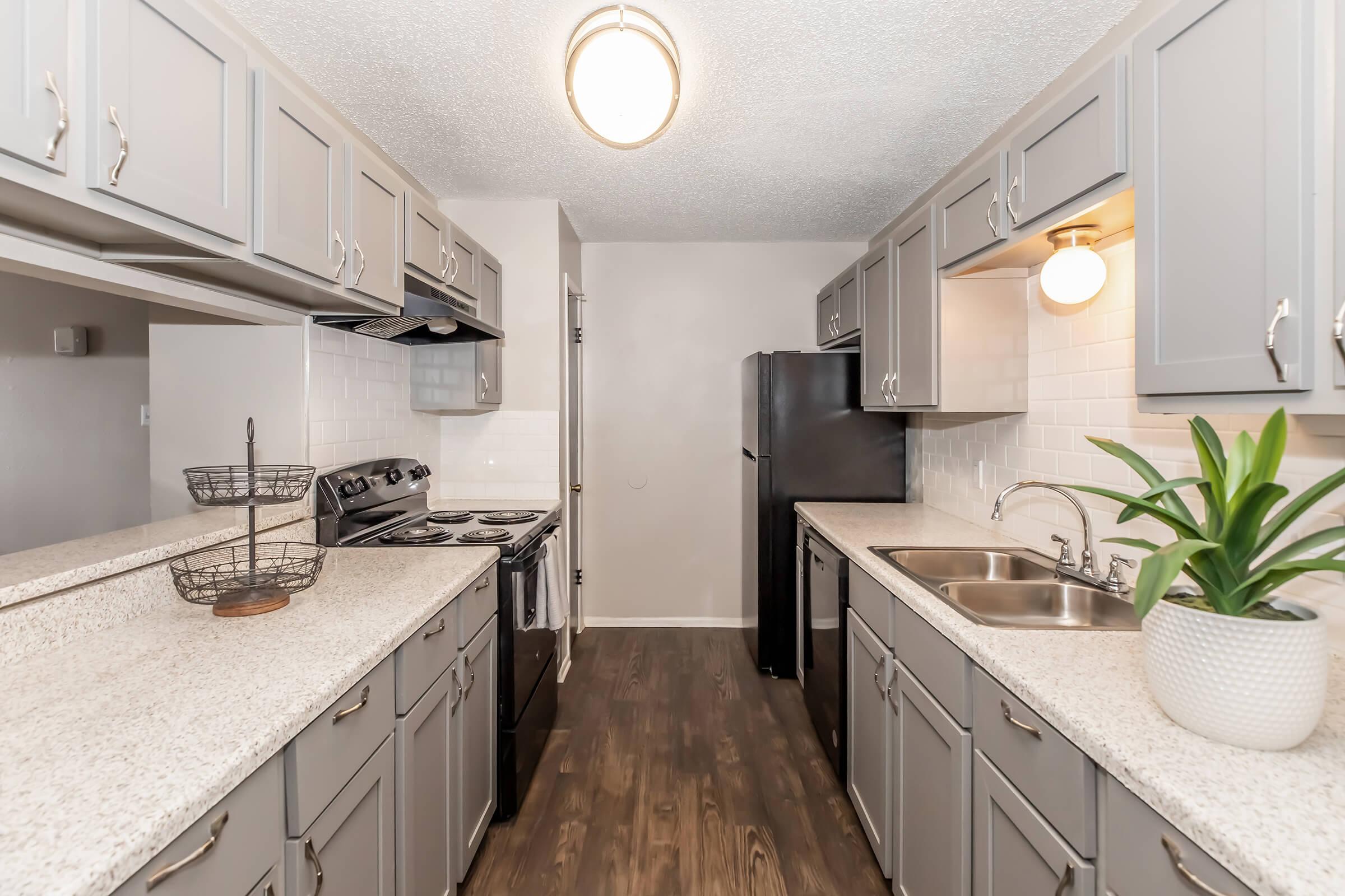 Modern kitchen featuring gray cabinets, white backsplash, and granite countertops. Contains a black refrigerator, stove, and overhead hood. A circular light fixture hangs from the ceiling, while a potted plant adds a touch of greenery. Warm, inviting atmosphere with ample natural light.