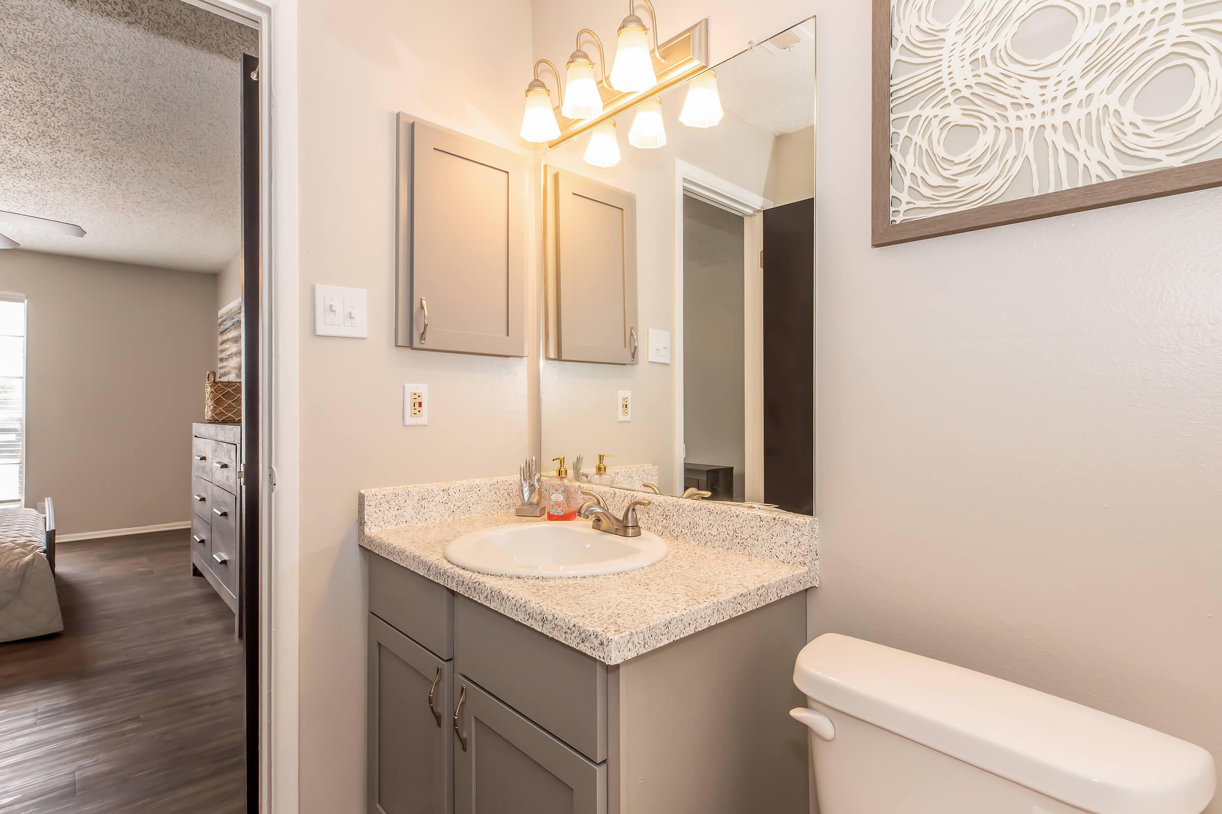 A modern bathroom featuring a gray vanity with a sink, a large mirror illuminated by three lights, and a toilet. The walls are painted in a soft color, and there is a decorative wall art piece. The space is bright, with a view of a room through an open door, showcasing wood-like flooring.