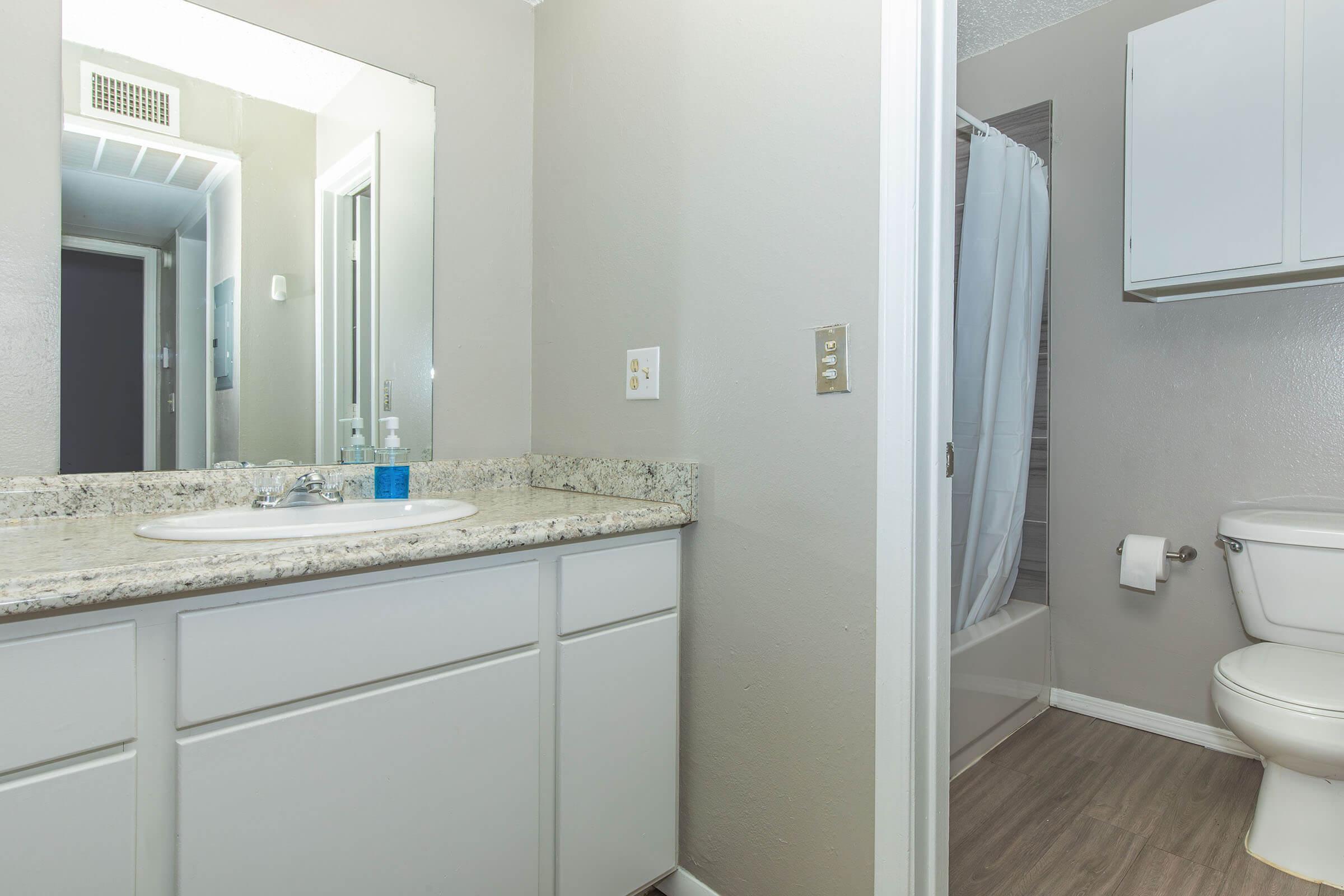 a kitchen with a sink and a mirror