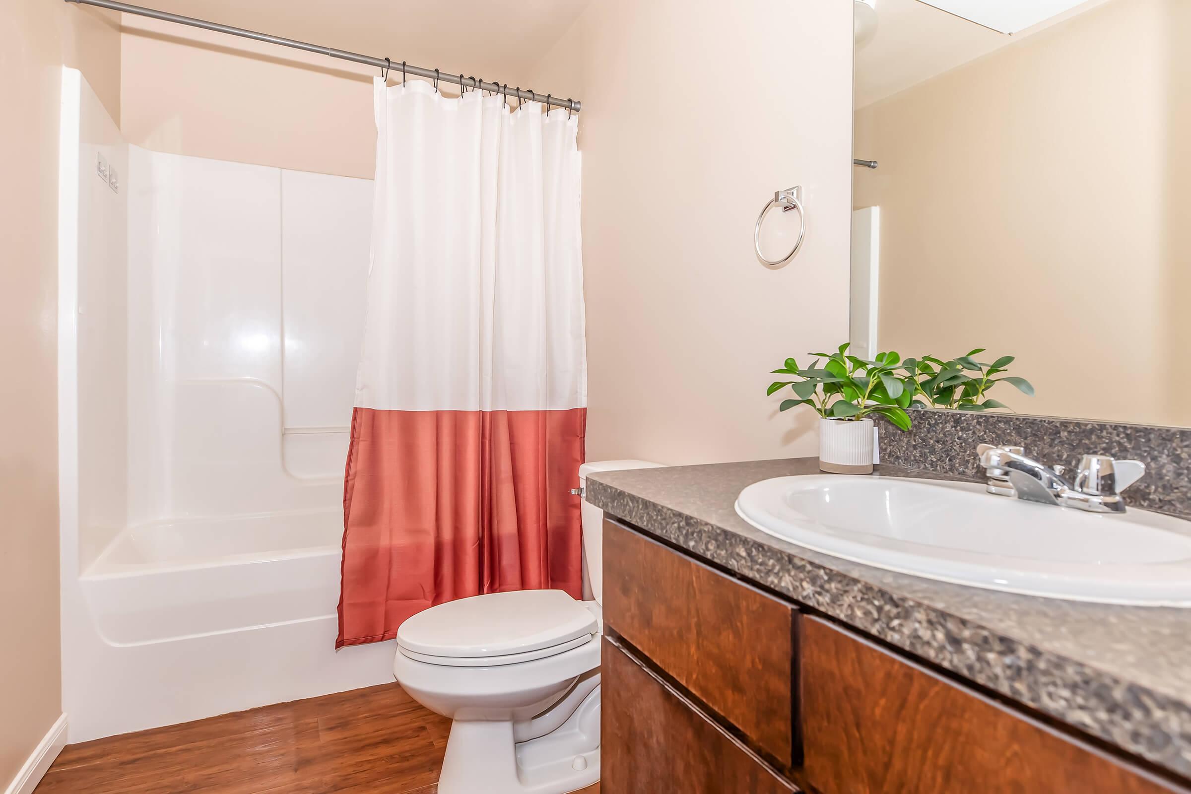 A clean and modern bathroom featuring a white bathtub with a shower curtain, a sink with a dark countertop, and a wooden vanity. There is a small potted plant on the countertop, and the walls are painted in a light color. The space is well-lit and organized.
