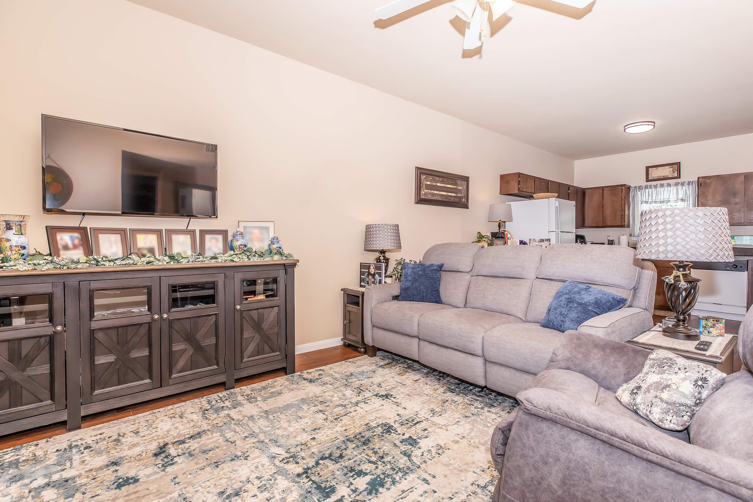 Cozy living room featuring a light gray sectional sofa with blue accent pillows, an entertainment center with family photos, a large TV mounted on the wall, and a stylish area rug. The space is bright and inviting, with wooden cabinets in the background and soft lighting.