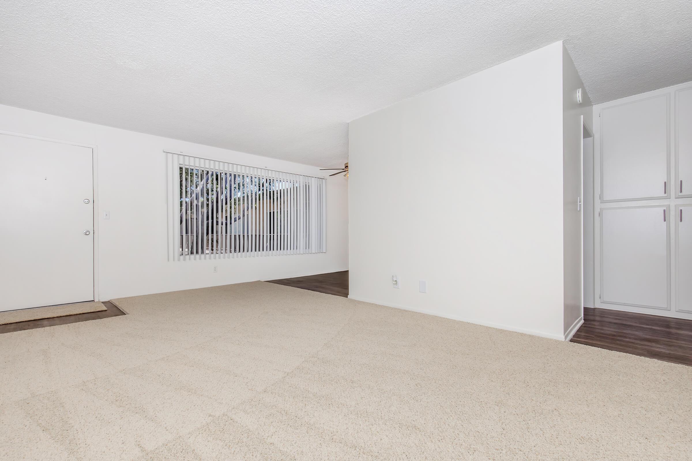 Spacious, empty room with light-colored carpet and white walls. A front door leads into the space, and large vertical blinds cover a window. There are built-in cabinets on the right, and hardwood flooring is visible in the adjacent area. The overall ambiance is bright and neutral.