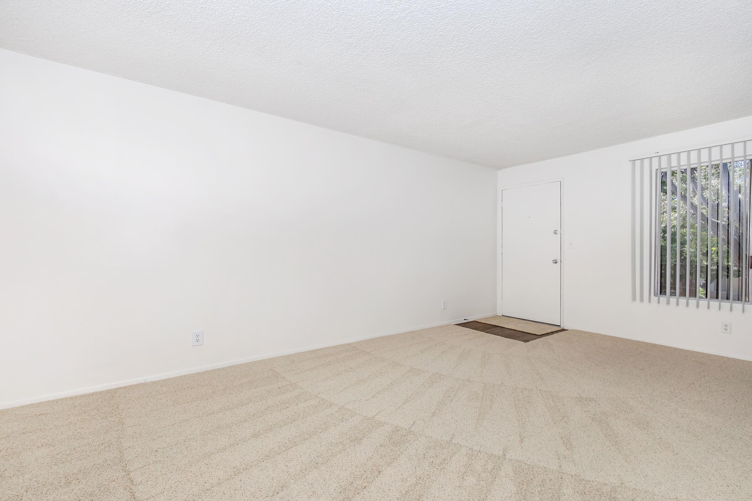 A spacious, empty room with beige carpeting and a light-colored textured wall. A front door with a small welcome mat is visible on one side. Natural light comes in through a window with vertical blinds. The overall atmosphere is bright and minimalist, perfect for personal decoration.