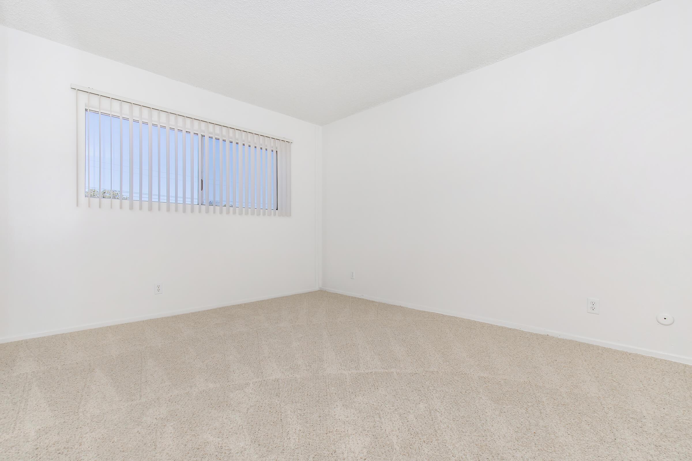 A bare, empty room with white walls and light beige carpet. There is a single window with vertical blinds letting in natural light, but the room has no furniture or decor, creating a spacious and minimalistic atmosphere.