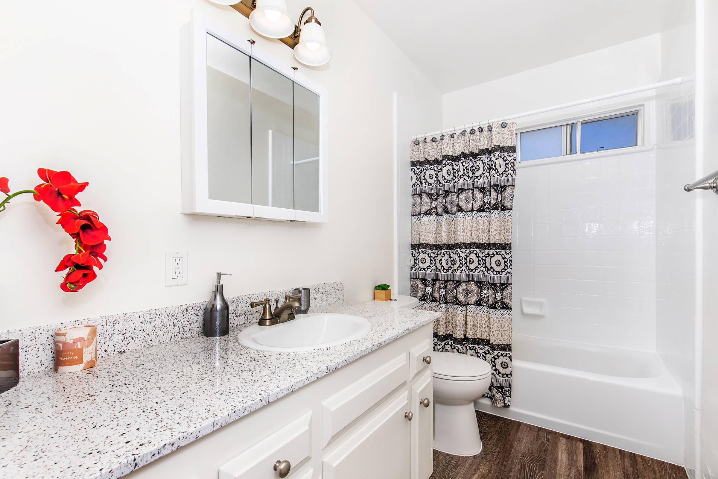 A modern bathroom featuring a white vanity with a granite countertop, a sink, and a decorative faucet. A mirror cabinet is mounted above the sink. The shower area has a white bathtub and curtain adorned with a patterned design. A small potted plant and a candle are placed on the countertop, with red flowers adding a pop of color.