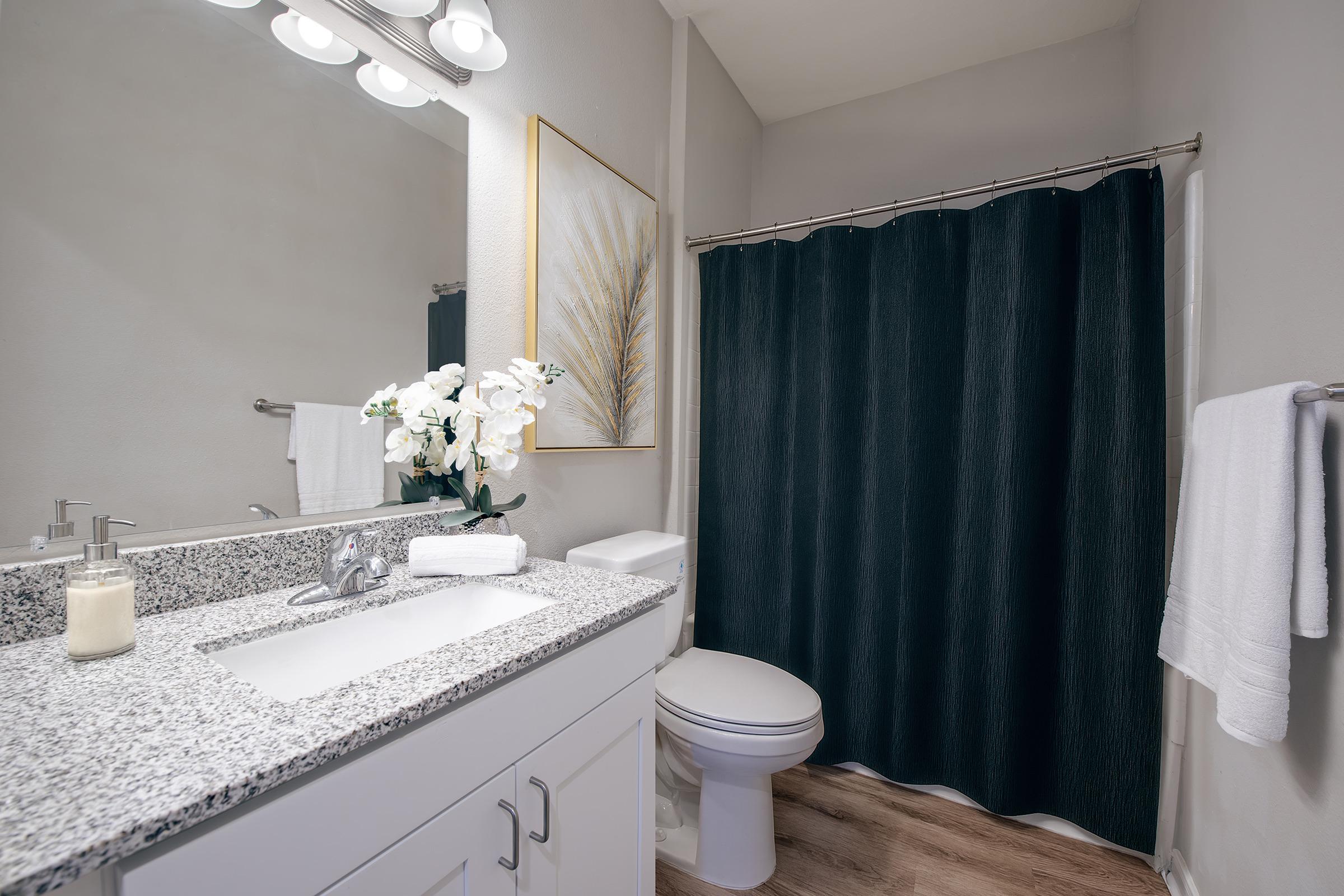 A modern bathroom featuring a granite countertop sink with a mirror above, a dark shower curtain, a white toilet, and neatly arranged towels. Decorative elements include a potted plant and a candle, all set against light-colored walls and hardwood flooring, creating a clean and stylish aesthetic.