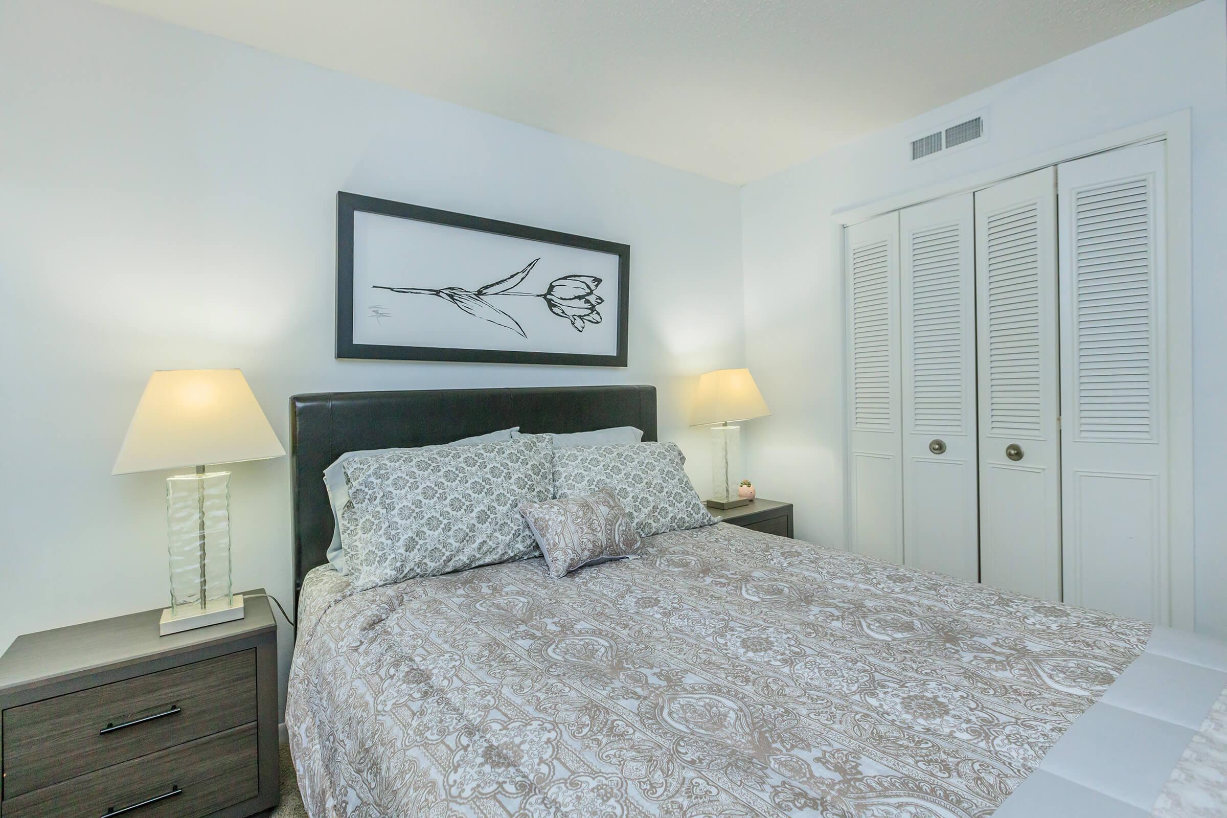 a bedroom with a bed in a room