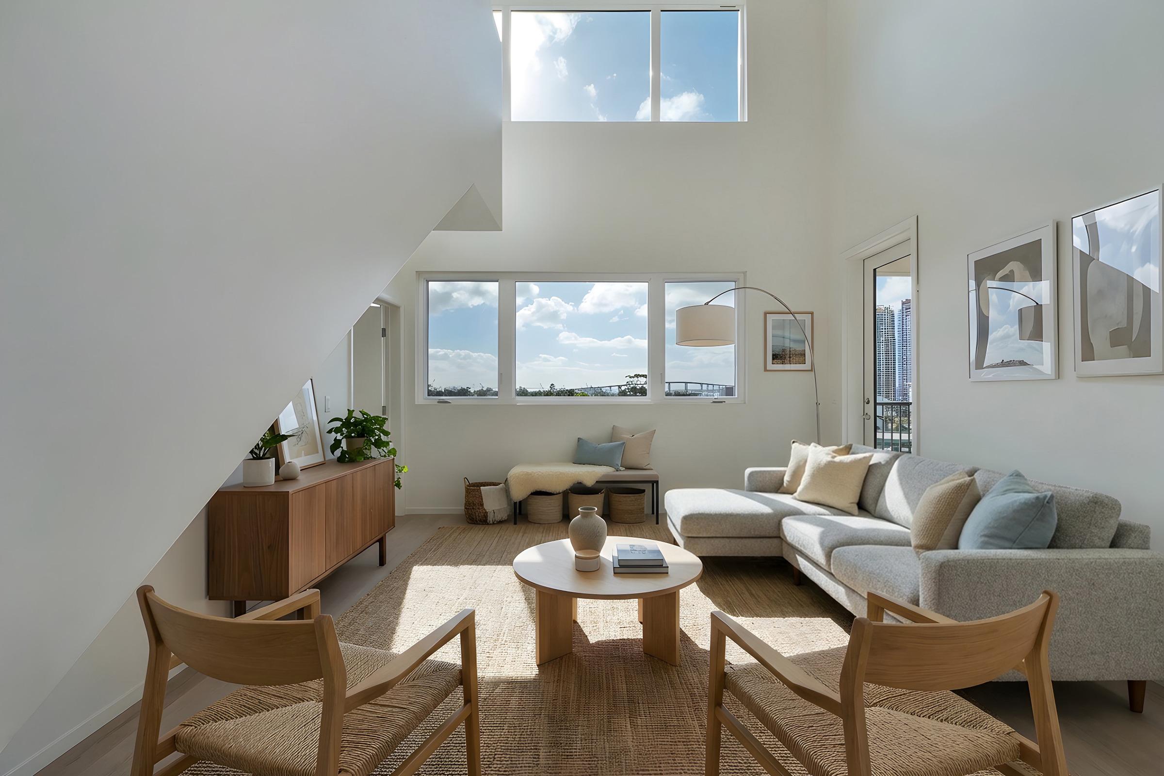 Bright and airy living room featuring a light gray sectional sofa, two wooden chairs, and a round coffee table. Large windows provide an expansive view with clouds and blue sky, while a neutral rug and green plant add warmth. Minimalist decor includes framed art on the walls and a wooden sideboard.