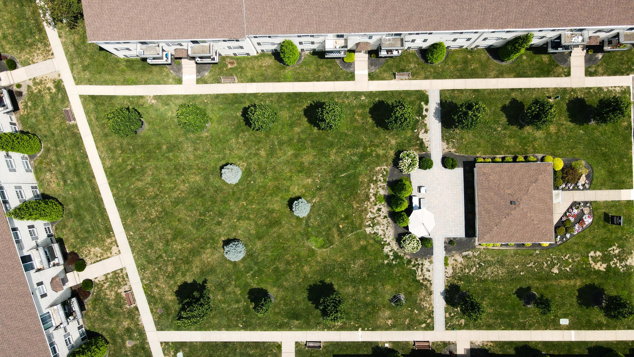 Aerial view of a green residential area featuring a well-maintained lawn with scattered trees and shrubs. Paved pathways intersect through the grass, leading to a small building in the center. Surrounding buildings showcase residential units with brown roofs and balconies.