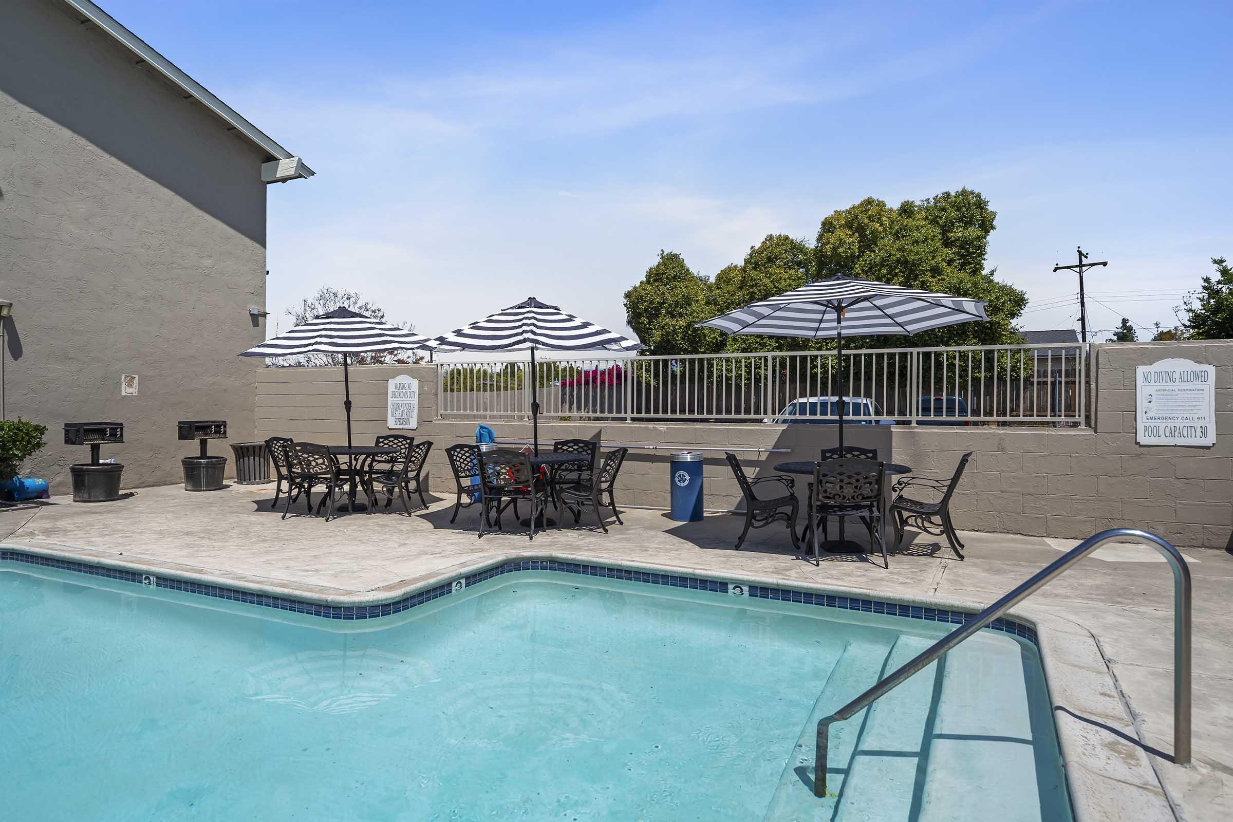 A serene swimming pool area featuring a clear blue pool surrounded by a concrete patio. Several black outdoor tables and chairs with striped umbrellas offer seating. Lush greenery is visible in the background, along with signs indicating pool rules. Bright, sunny sky complements the relaxing ambiance.