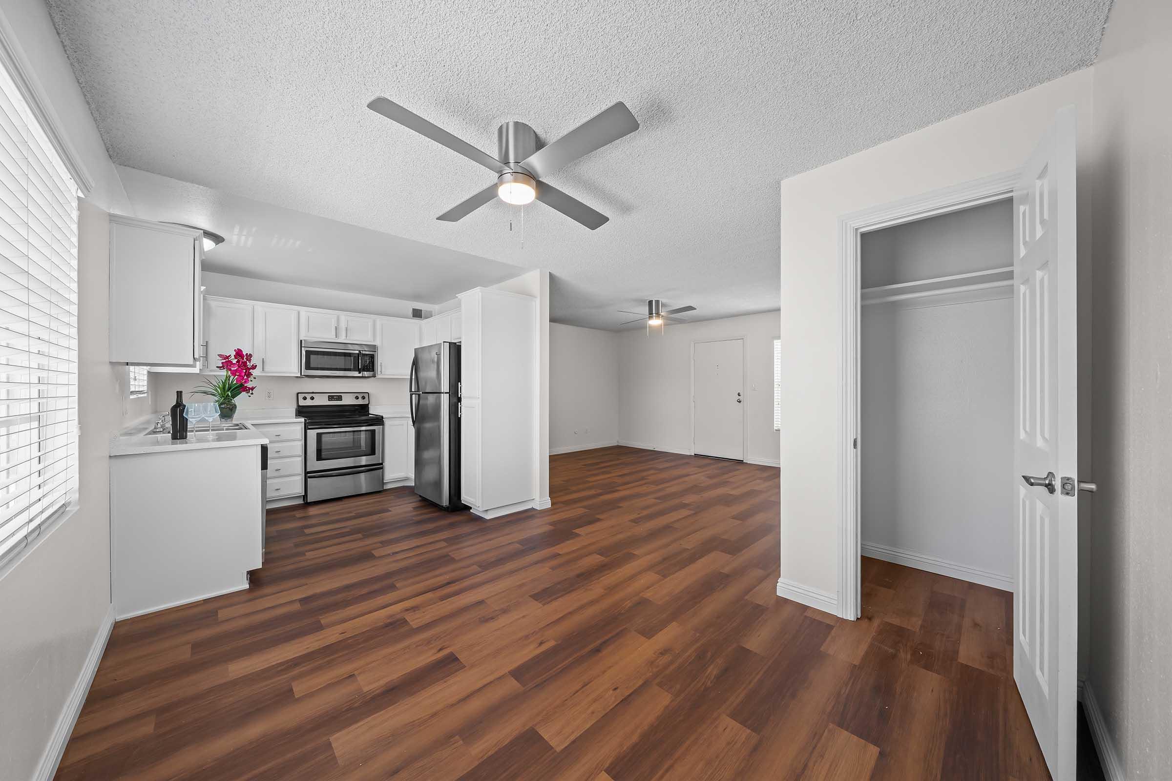 Bright, spacious open-concept kitchen and living area with modern stainless steel appliances, white cabinets, and a ceiling fan. Light wood flooring complements the neutral wall colors. A closed door on the right leads to a closet, enhancing the room's storage options. Large windows provide natural light.