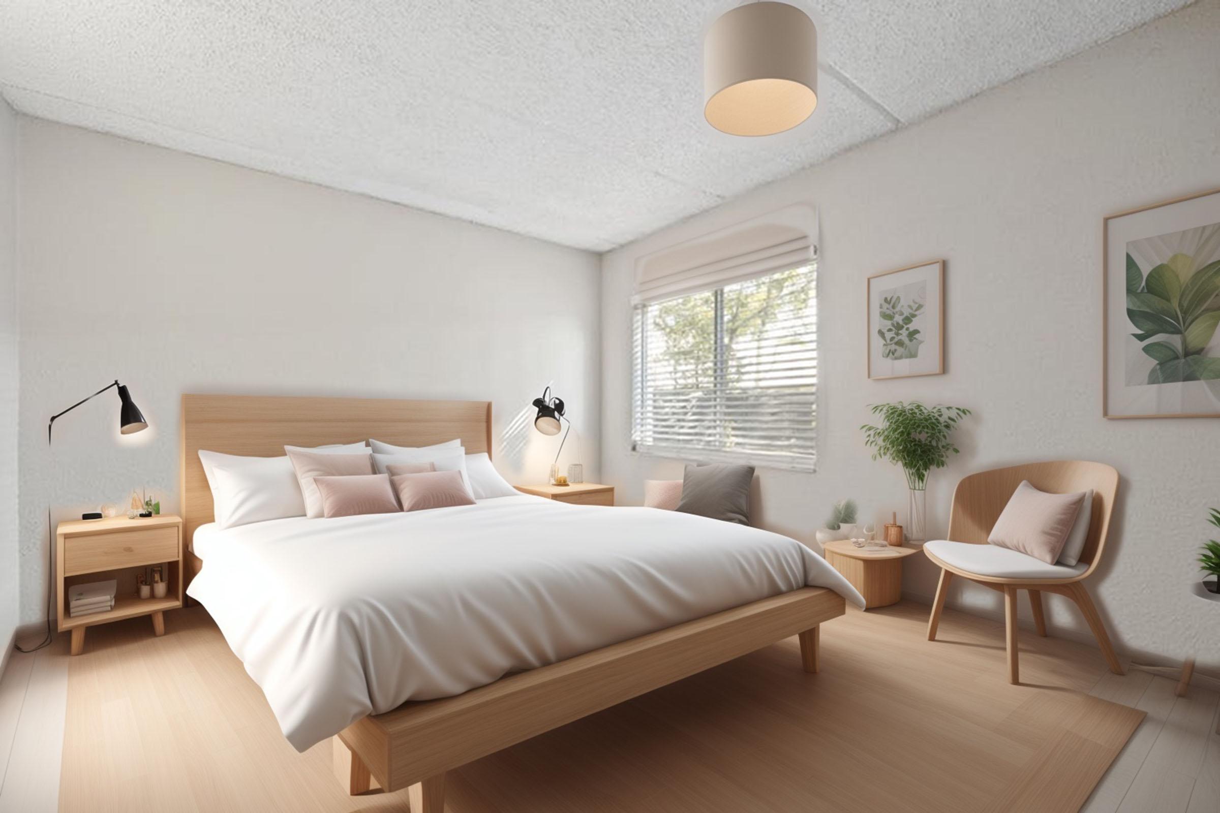 A bright, modern bedroom featuring a wooden bed with white bedding, two bedside lamps, and light-colored wooden furniture. There are decorative plants and framed artwork on the walls, along with a cozy chair. Natural light streams in through a window with blinds.