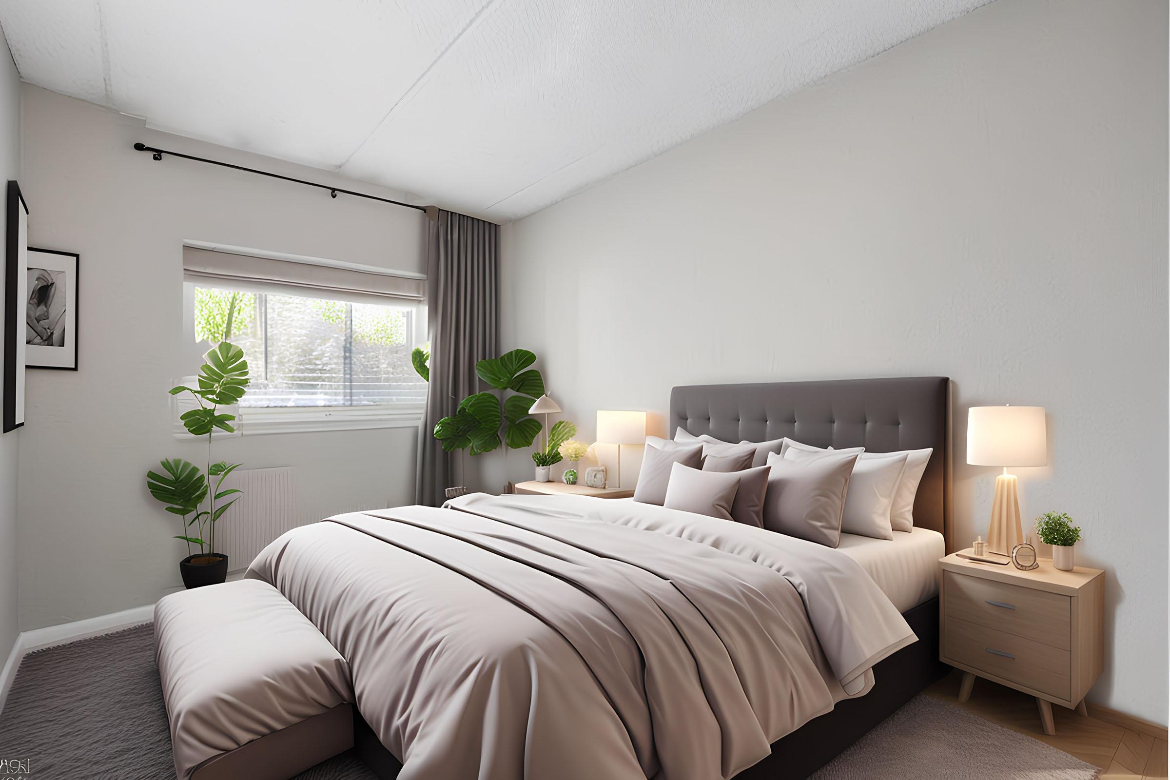 A cozy bedroom featuring a large, plush bed with neutral-colored bedding, a bedside table with lamps, and a small bench at the foot of the bed. The room has light gray walls, a large window with sheer curtains, and indoor plants, creating a warm and inviting atmosphere.