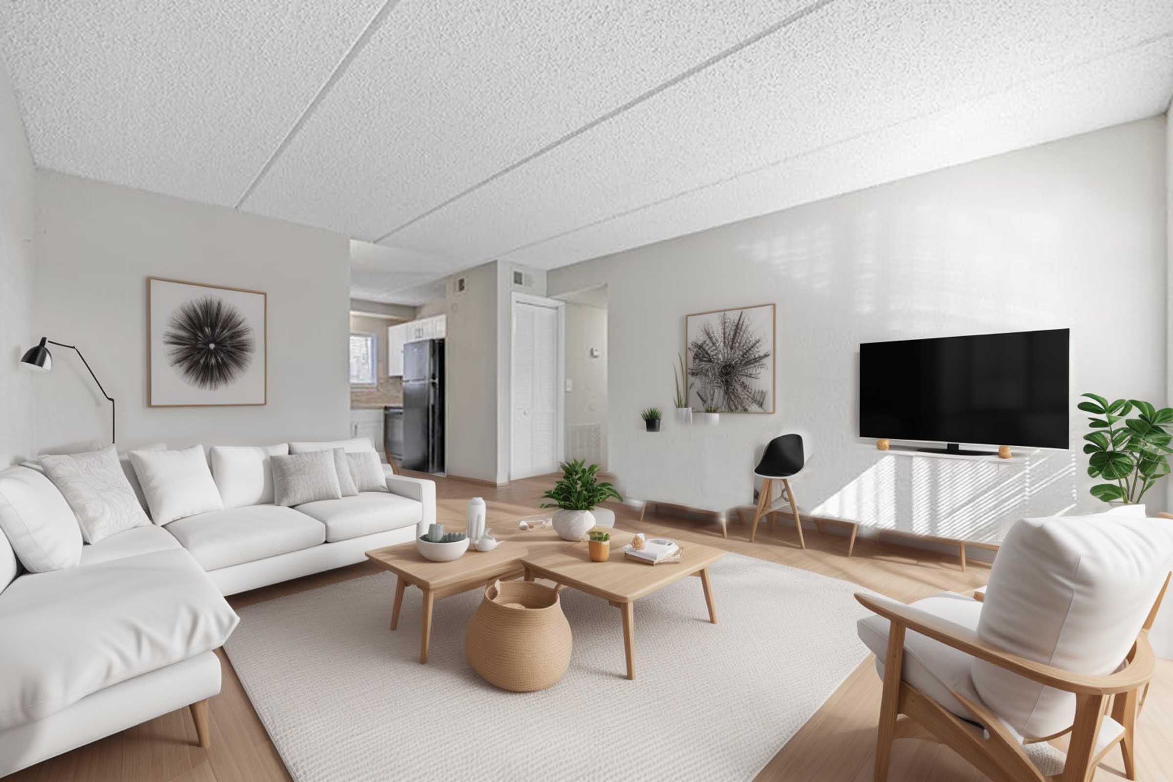 A modern, minimalist living room featuring a white sectional sofa, a wooden coffee table, and light-colored accents. There is a large TV on a stand, a potted plant, and artwork on the walls. Natural light streams in, highlighting the airy, spacious atmosphere with a neutral color palette.