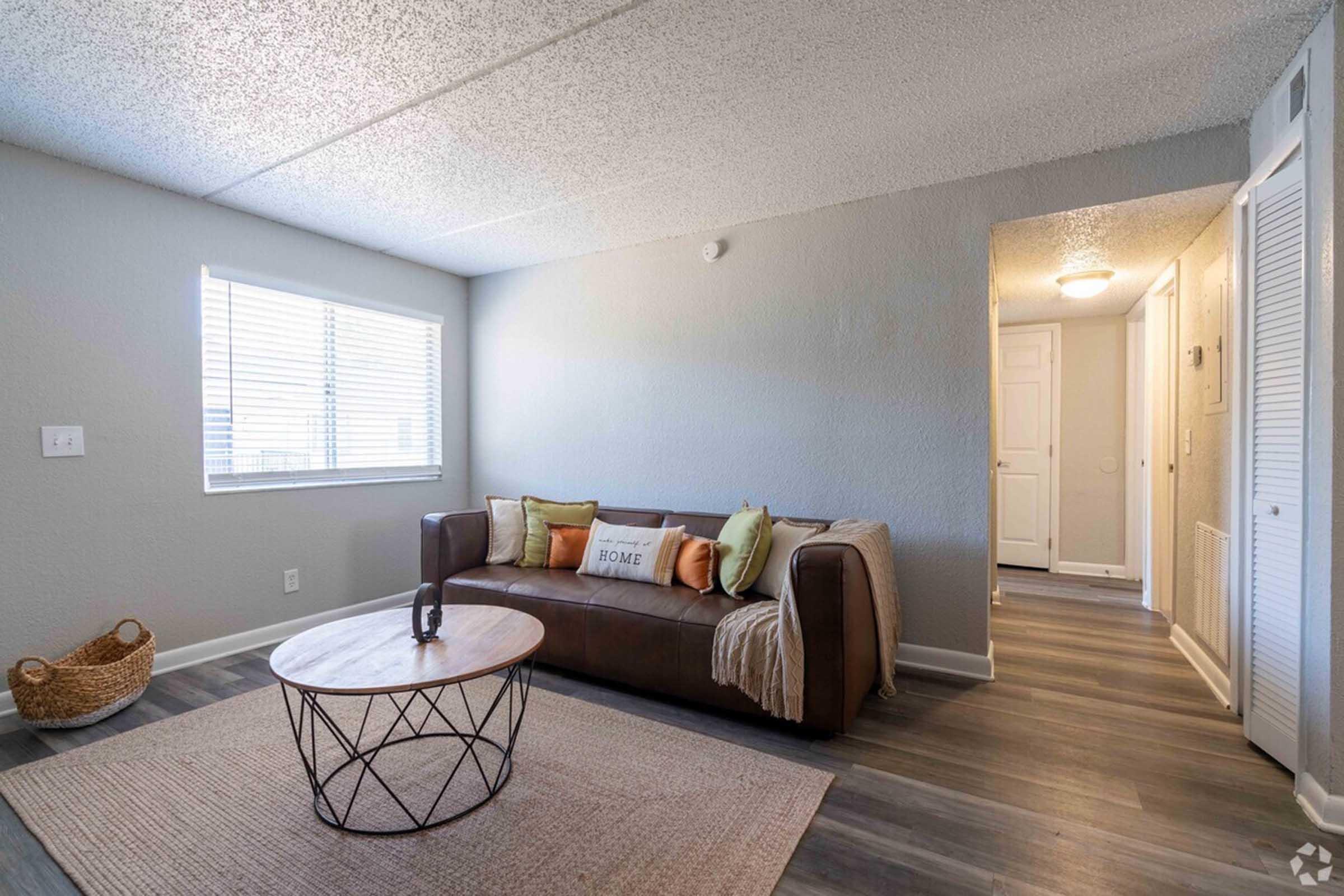 A cozy living area featuring a brown sofa adorned with colorful throw pillows. A round coffee table sits in front, with a decorative bowl nearby. Light streams in through a window with white blinds, illuminating the space. The walls are painted gray, and a hallway leading to a door is visible in the background.