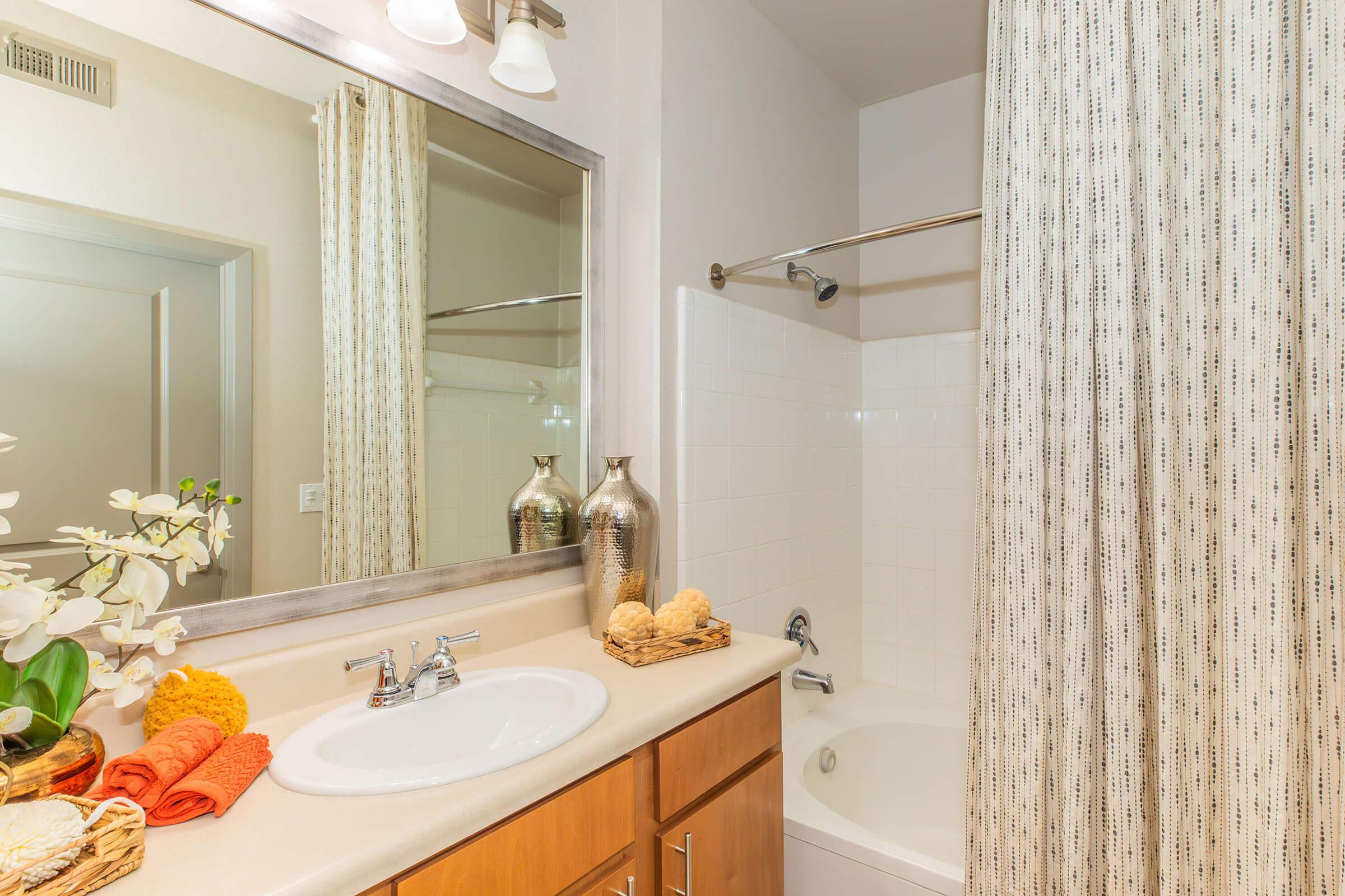 a room with a sink mirror and shower curtain