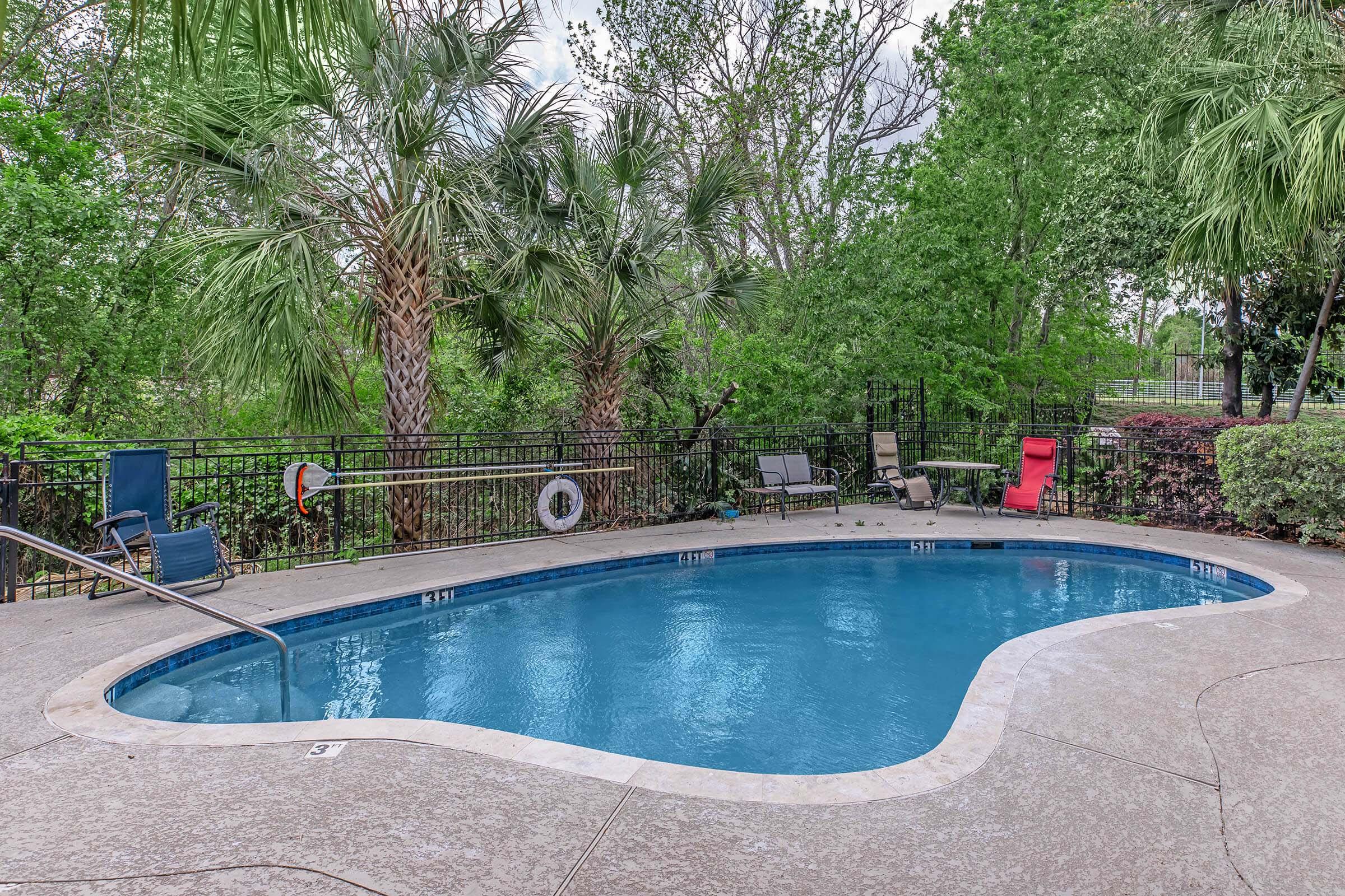A tranquil outdoor pool surrounded by lush greenery and palm trees. There are several lounge chairs positioned around the pool, with a few nearby tables. The area is fenced for privacy, creating a relaxing atmosphere perfect for leisure and enjoyment.