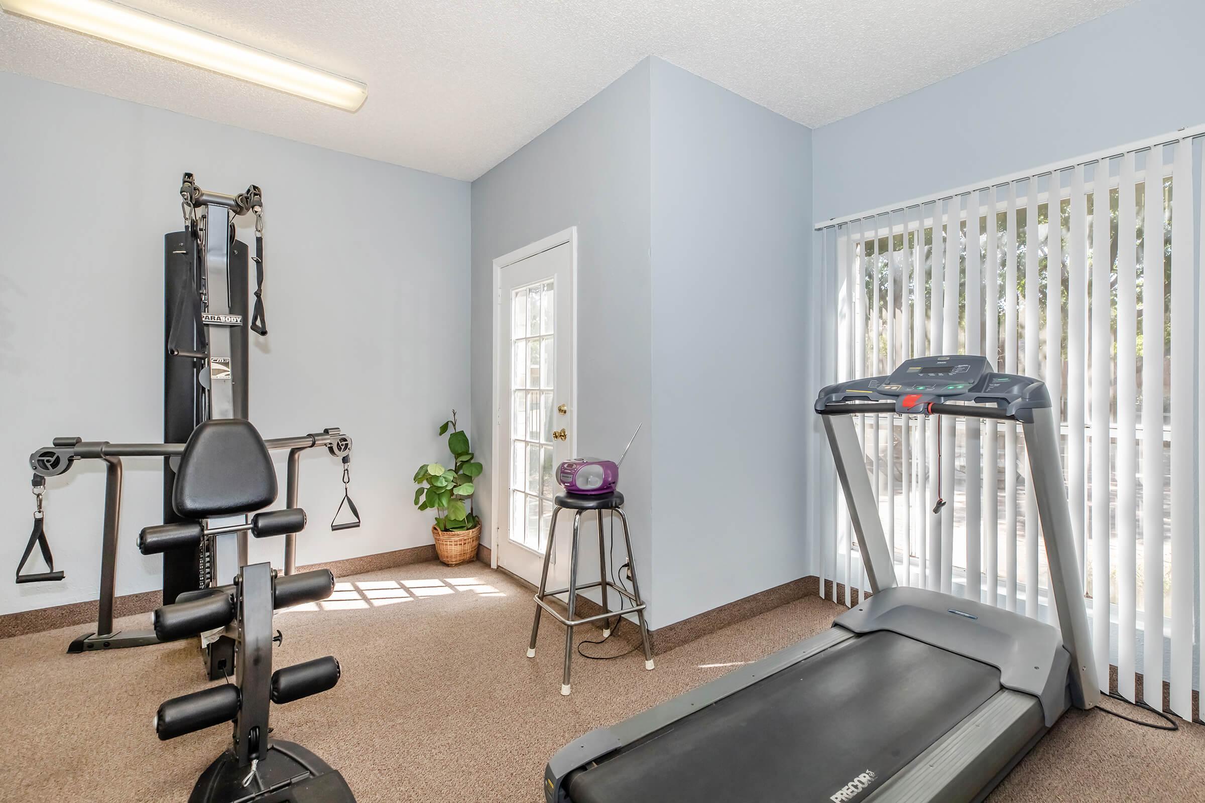 A small home gym featuring a treadmill, a multi-station weight machine, and a folding chair. Natural light enters through a window with blinds, and there's a potted plant in the corner. The walls are painted light blue, and the floor is carpeted.