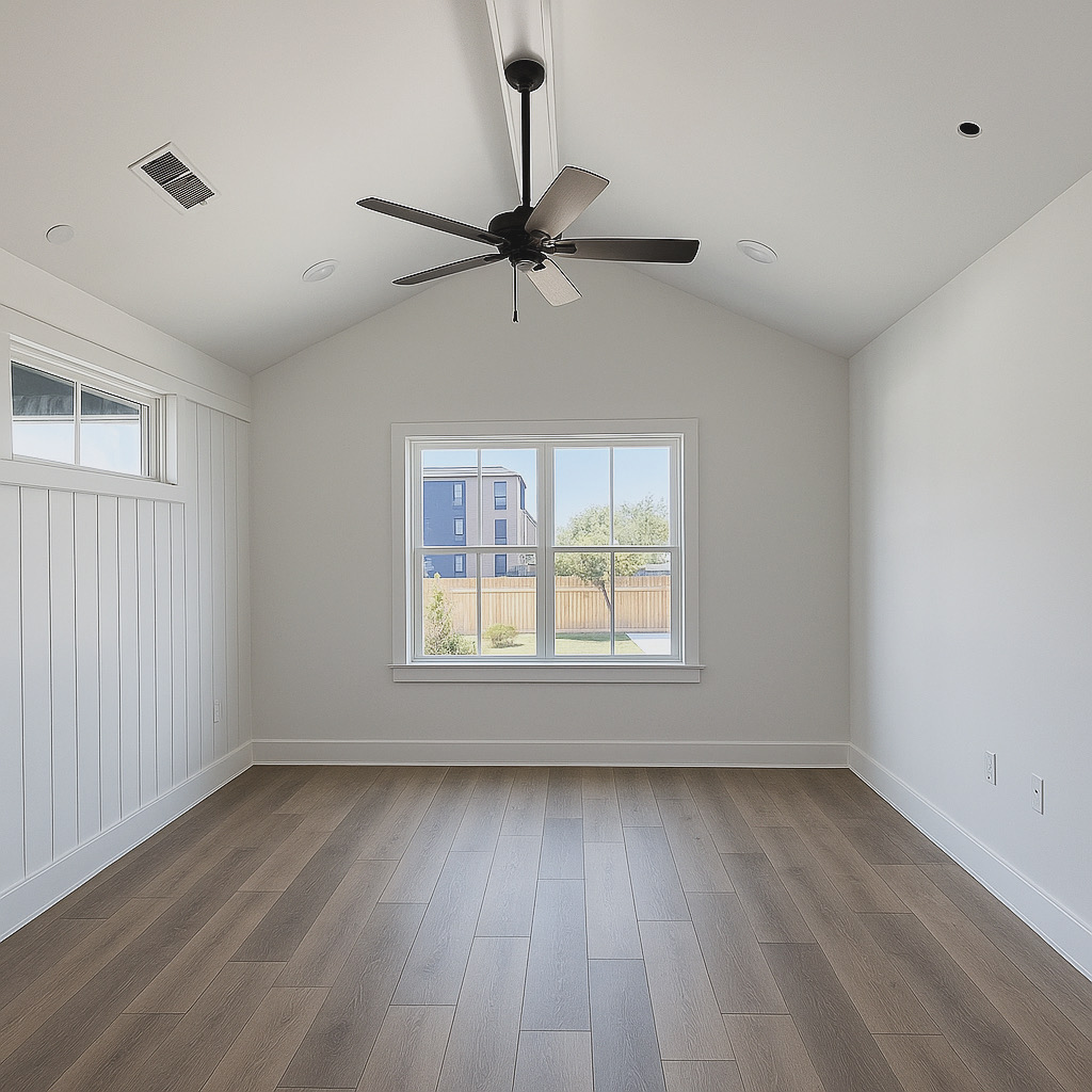 A spacious, empty room with a pitched ceiling and a ceiling fan. Light hardwood flooring contrasts with the white walls. A large window allows natural light and provides a view of an outdoor area. The room has a minimalist design, featuring simple lines and no furniture.
