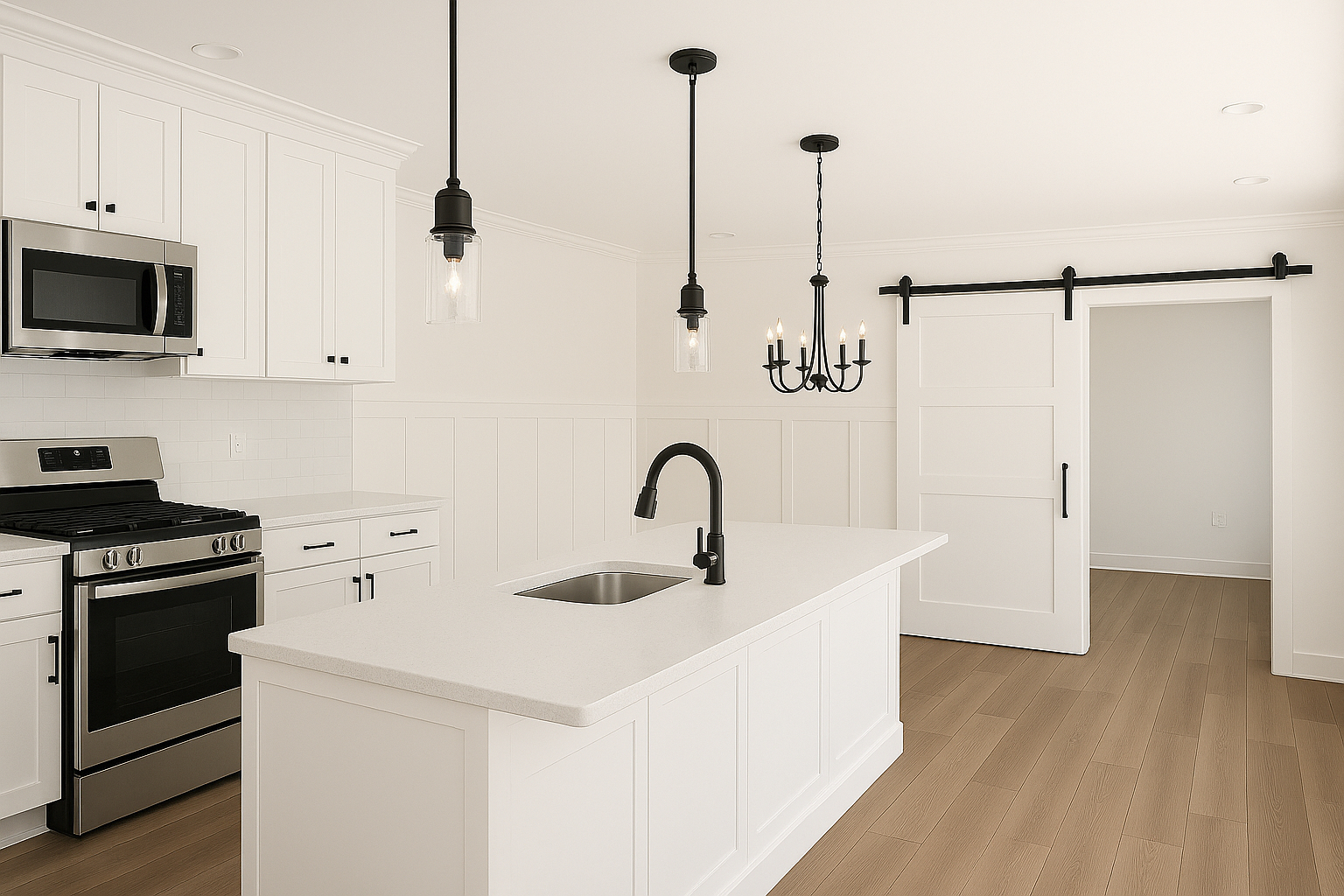 Modern kitchen featuring white cabinetry, stainless steel appliances, and a central island with a sink. The space includes pendant lighting, a chandelier, and a sliding barn door leading to another area. Light wood flooring complements the bright and airy atmosphere.