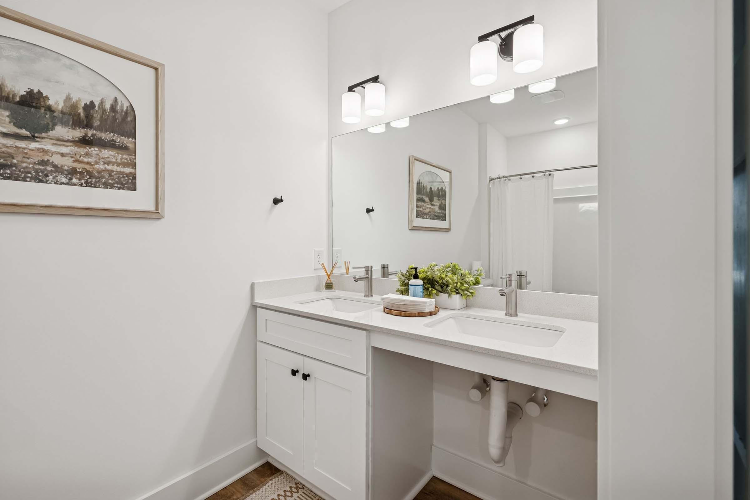 Modern bathroom featuring a double vanity with sinks, a large illuminated mirror, and stylish fixtures. White cabinetry complements the light color scheme, and a framed landscape painting adorns the wall. Fresh greenery sits on the countertop, and a shower area is visible in the background.