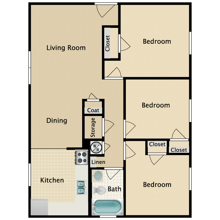 Floor plan image of 3 Bedroom 2 Bath