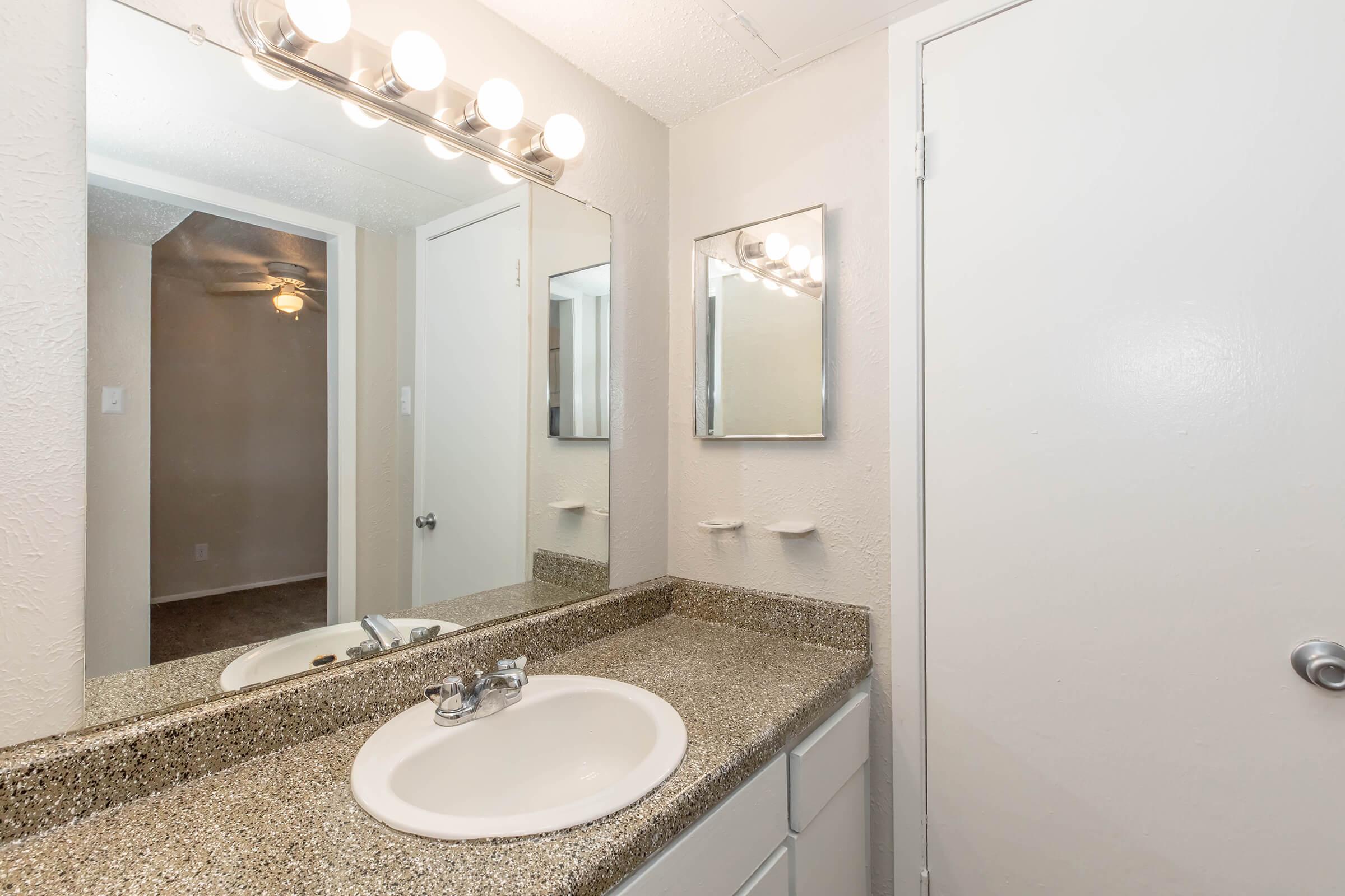 a double sink and large mirror