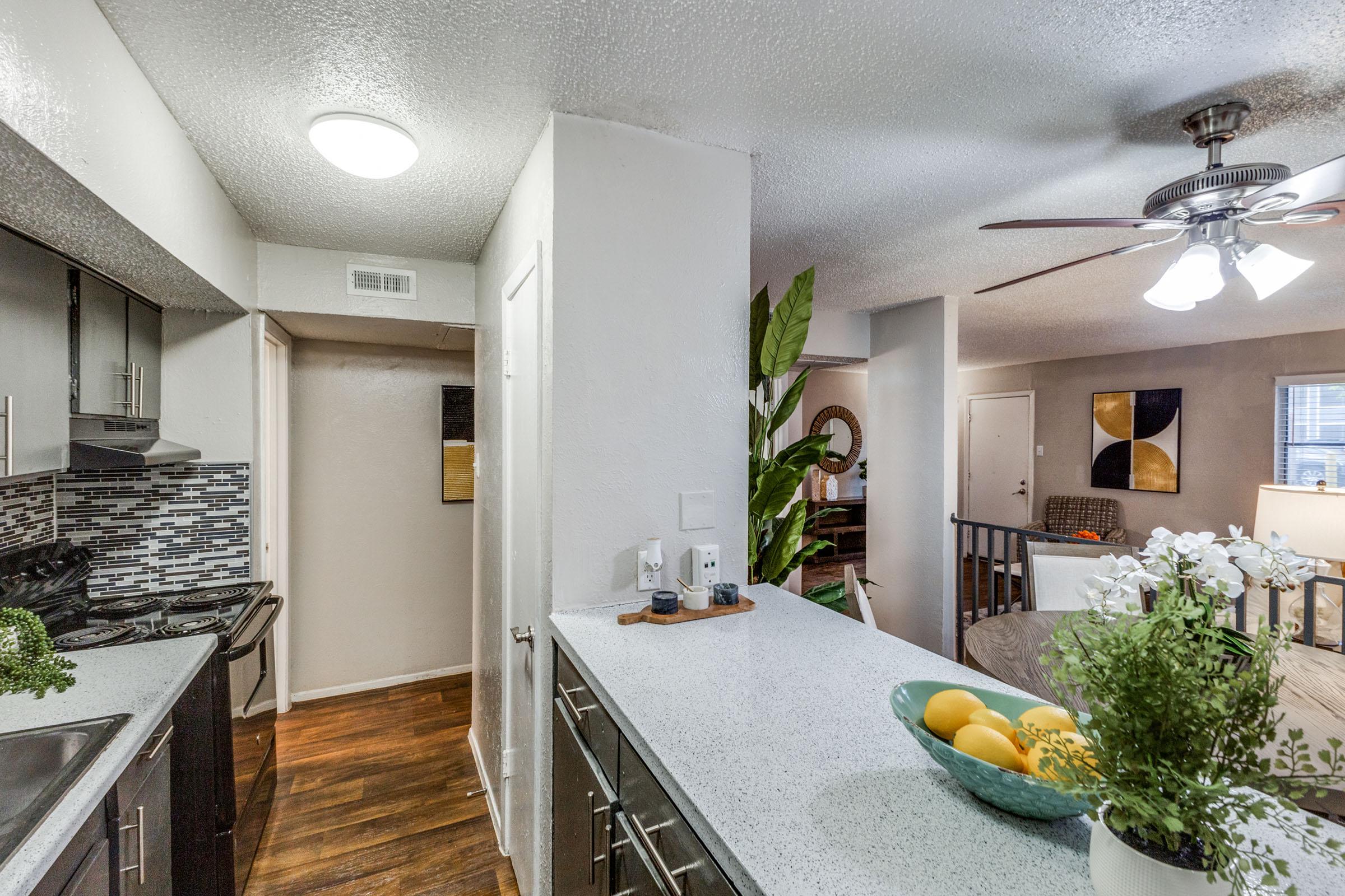 A modern kitchen with dark cabinetry, a granite countertop, and a decorative bowl of lemons. The space features a ceiling fan and a plant, with a view into a living area showcasing neutral tones and abstract art on the walls. Rich wood flooring adds warmth to the environment.