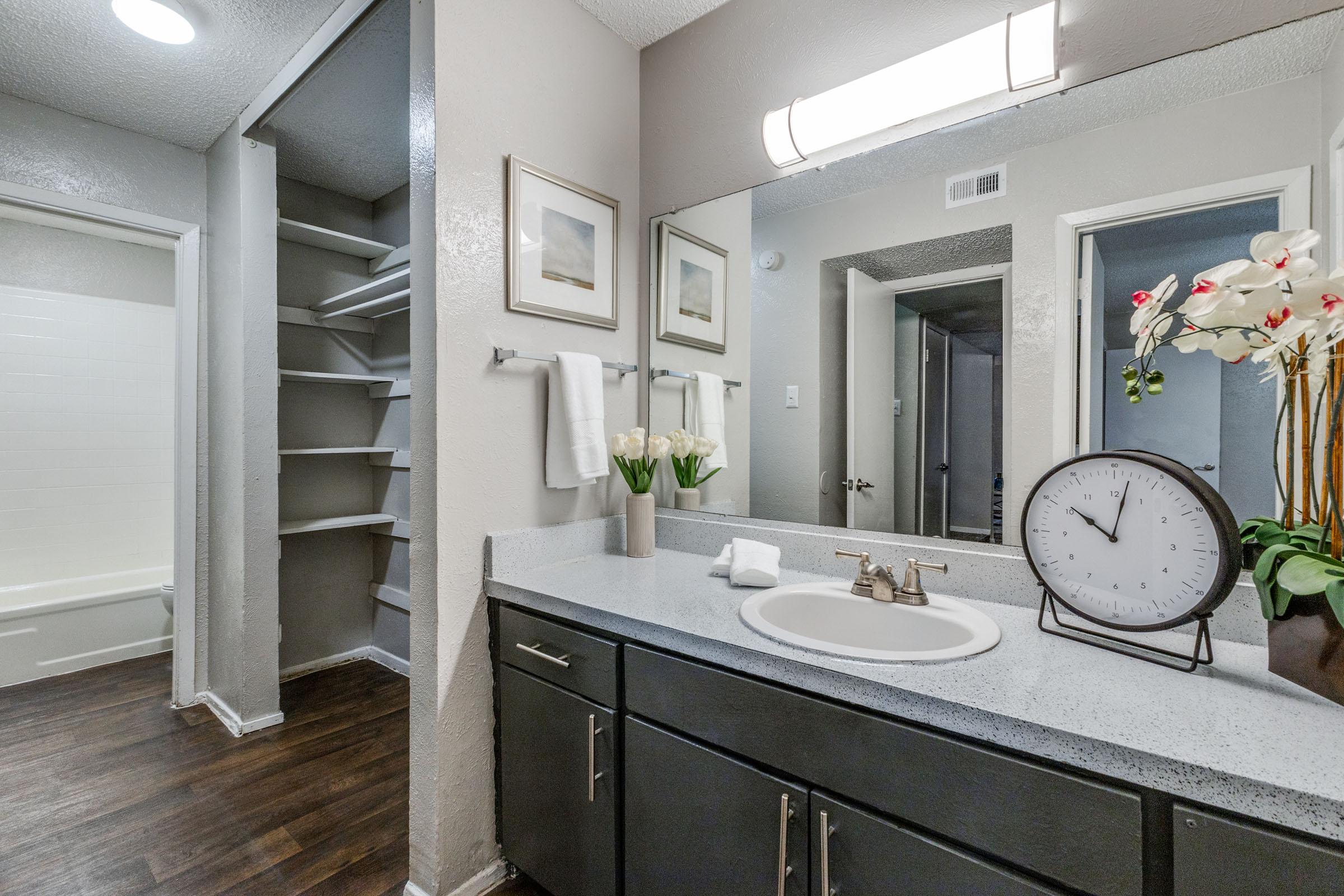 Modern bathroom featuring a double vanity with a quartz countertop, decorative clock, and vase of white flowers. A large mirror reflects the space, which includes a well-organized closet area and a separate room for a bathtub. The flooring is dark wood, complementing the light-colored walls for a contemporary look.